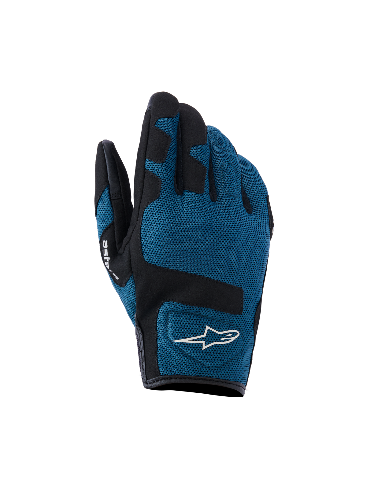 Alpinestars Ignite handskar, urbana motorcykelhandskar, indigoblå och svarta, ventilerande meshkonstruktion på ovansidan, svarta förstärkta paneler över knogarna, vit A-star-logotyp, kort manschett för stadskörning