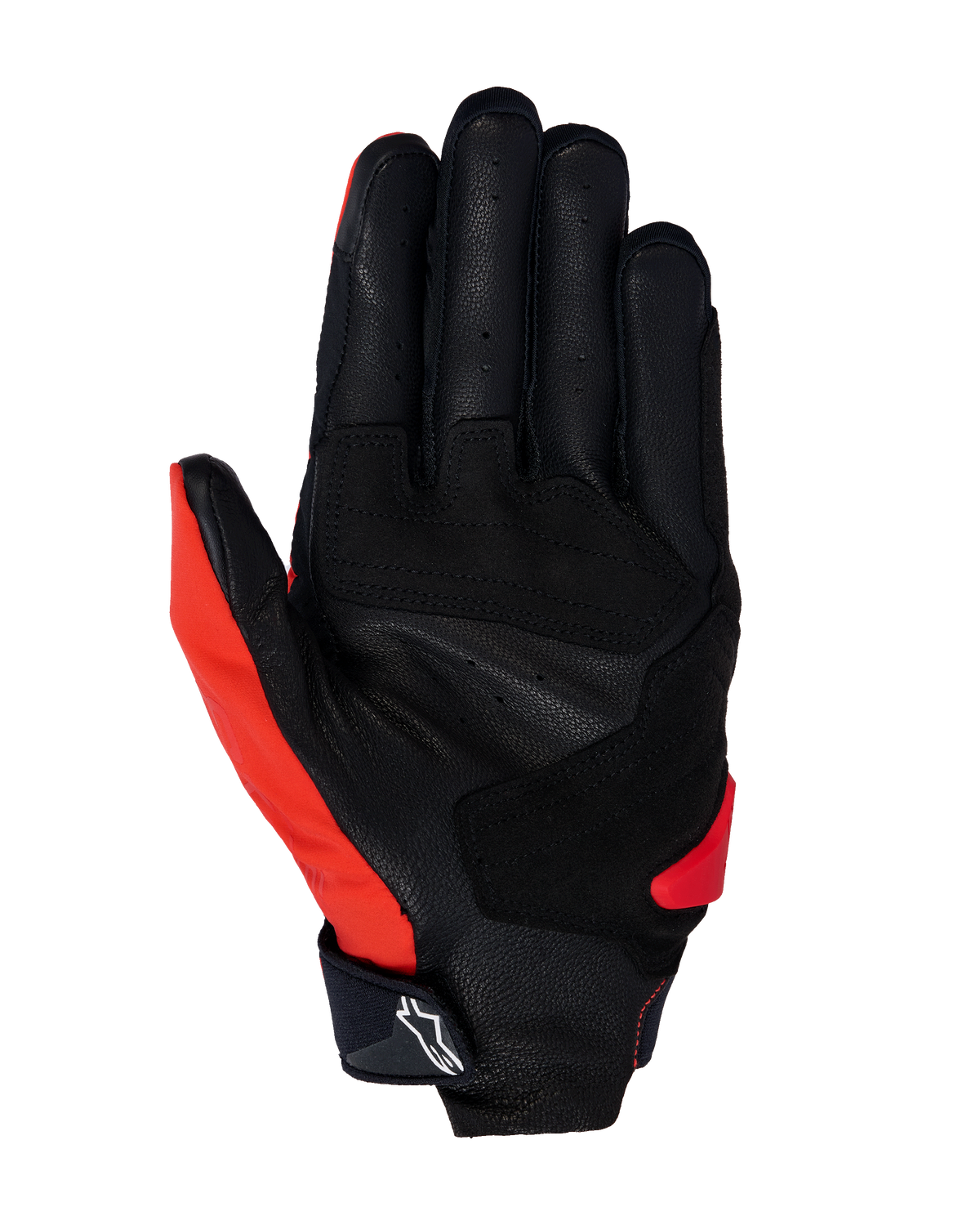 Alpinestars SP X 3-handskar, motorcykelhandskar, klarröda, svarta och vita, vy av handflatan med perforerat läder, syntetiska greppförstärkningar och pekskärmskompatibla fingertoppar, slitstark utrustning för sport- och landsvägskörning