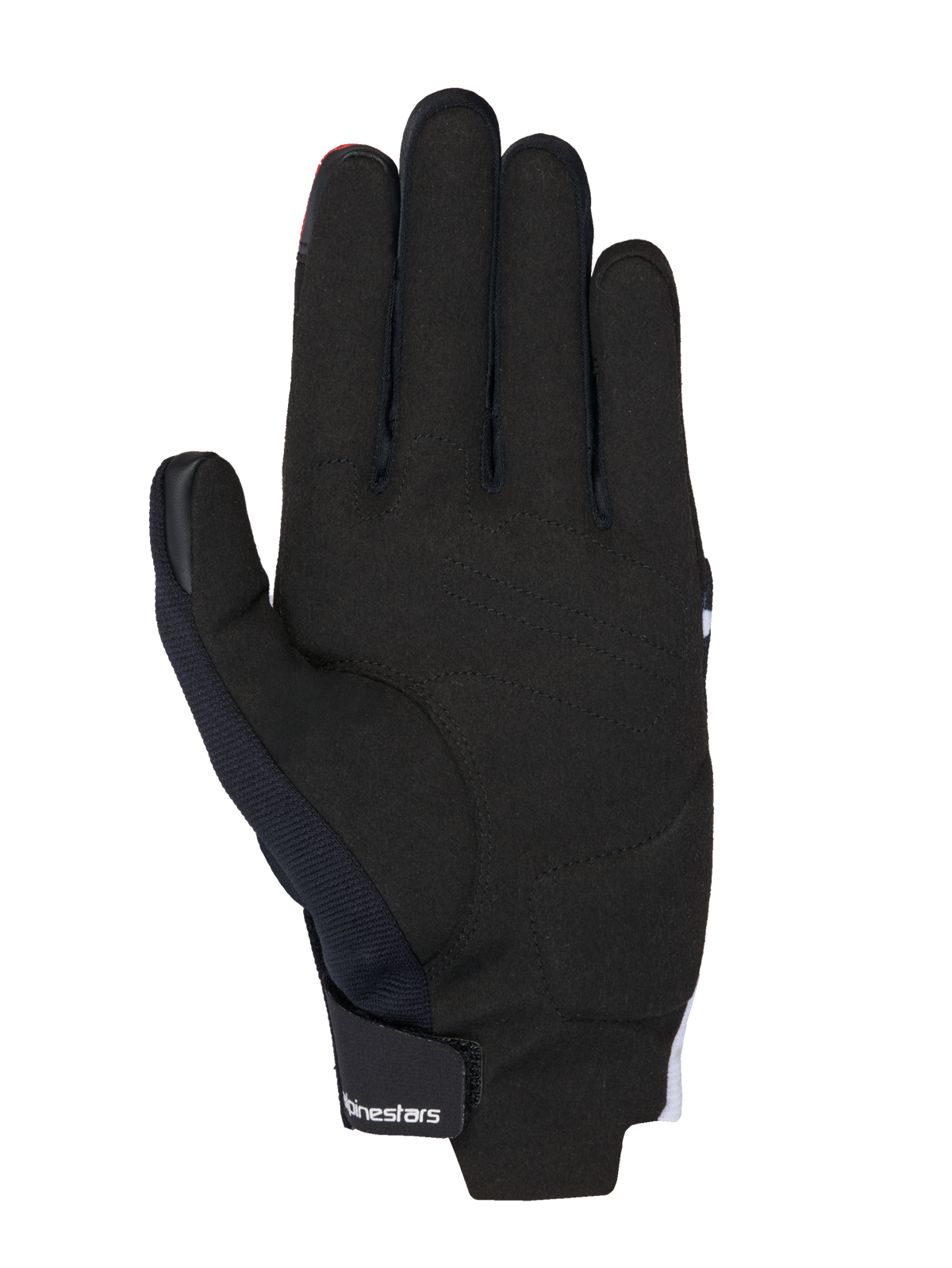 Alpinestars MM93 Reef V2-handskar, vy av handflatan, svarta med starkt röda och vita detaljer, handflata i syntetmocka, vadderade förstärkningar och kardborreband vid handleden med Alpinestars-branding, modern urban motorcykelutrustning