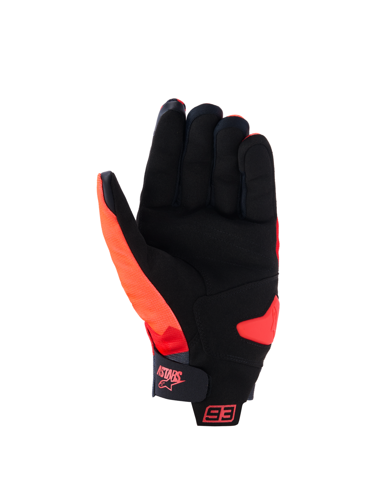 Alpinestars MM93 Reef V2-handskar, vy av handflatan, röd fluo klarröd svart, med syntetisk mockahandflata och vadderad förstärkning, kardborreband vid manschetten med Astars-logotyp och 93-märkning, urbana motorcykelhandskar