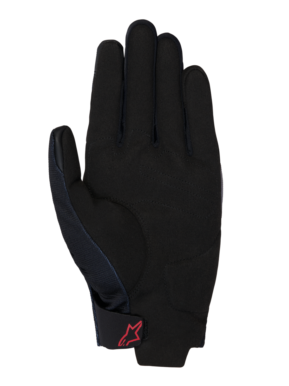 Honda Reef V2-handskar, vy av handflatan, svart syntetisk mocka med vadderad förstärkning, röd Alpinestars-logotyp på kardborrebandet vid handleden, kort mudd för motorcykelkörning