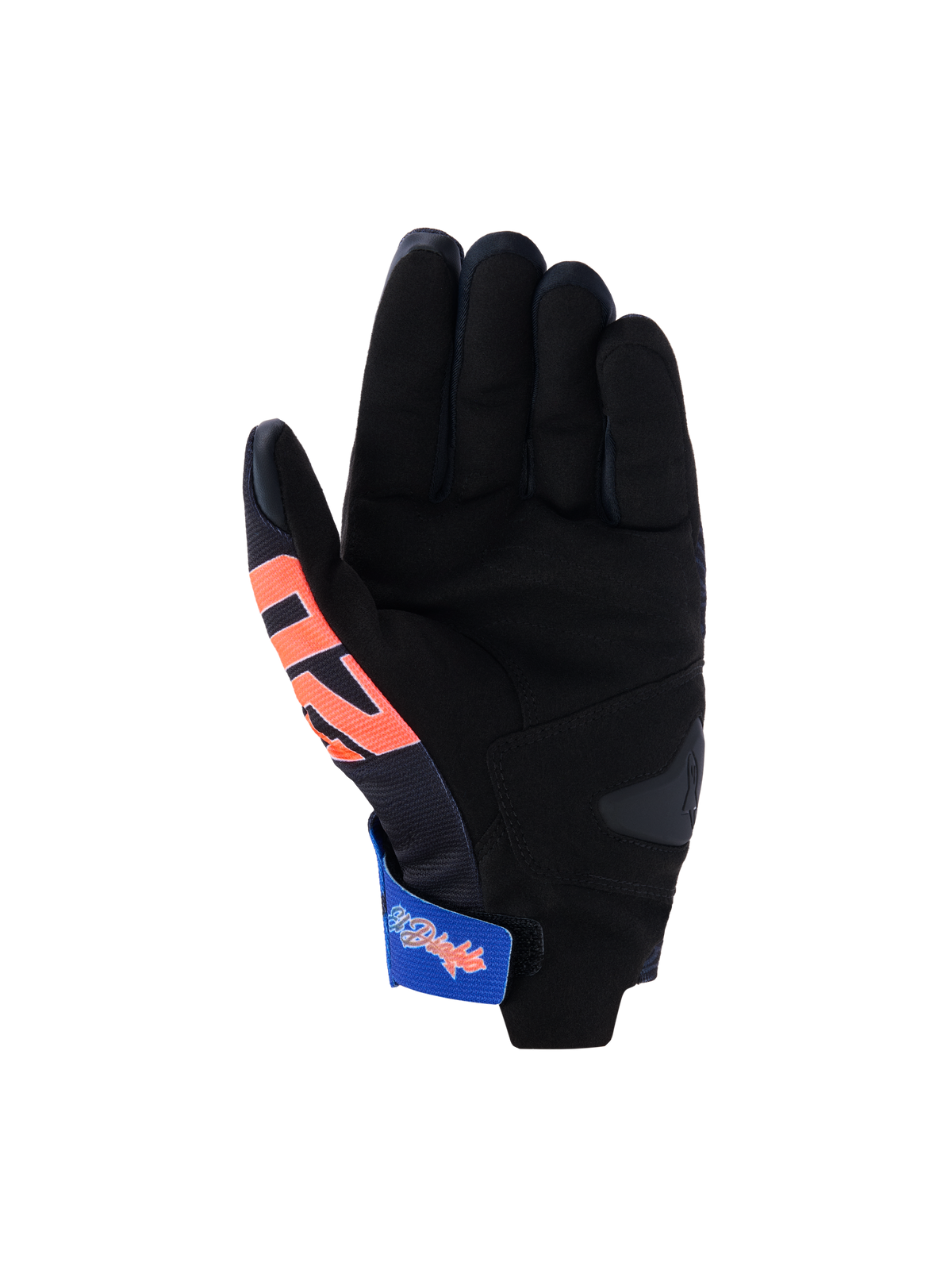 Alpinestars FQ20 Reef V2 Monster handskar, motorcykelhandskar, svarta med röda och blå detaljer, vy av handflatan med syntetisk mocka, vadderad förstärkning och en blå justerbar handledsrem med grafik, racing- och sportdesign med kort manschett