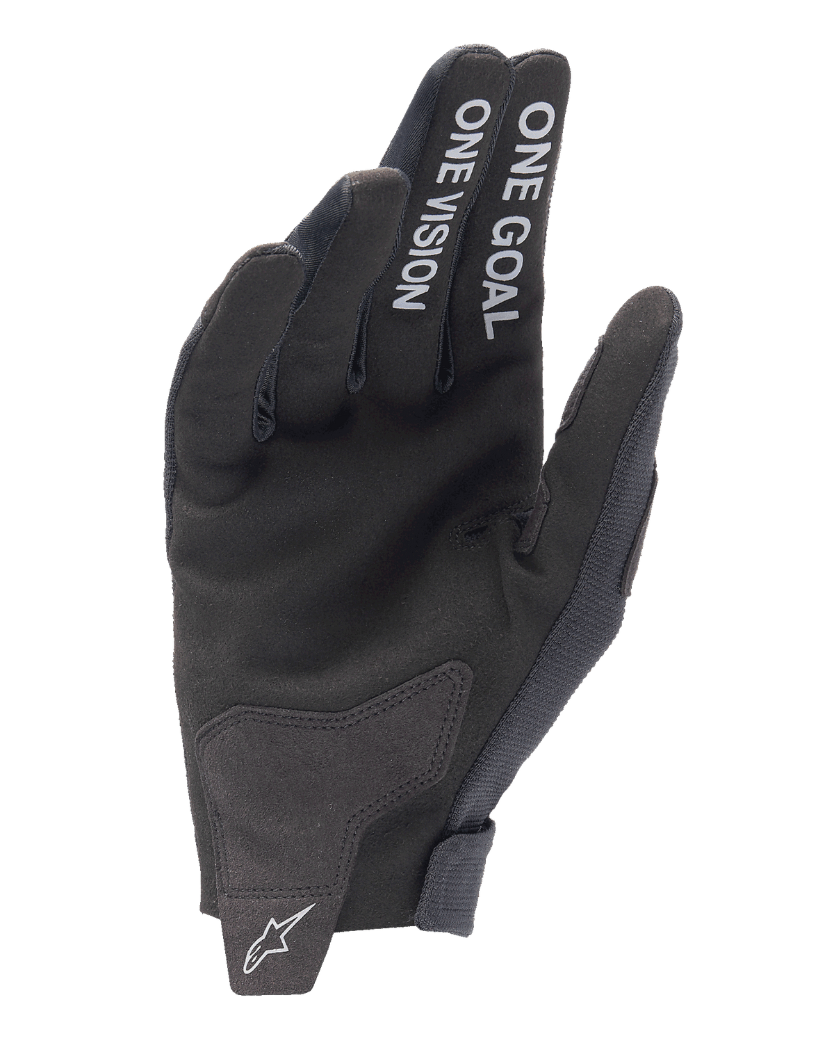 Alpinestars 2025 Radar-handskar, motocrosshandskar, svarta, vy av handflatan med vit text 'ONE GOAL' och 'ONE VISION' på fingrarna, handflata i syntetmocka, vit stjärnlogotyp på den sömlösa handledsstängningen, minimalistisk design för terrängkörning