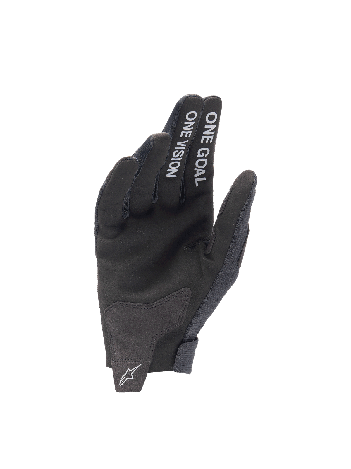 Alpinestars 2025 Radar-handskar, svarta motocrosshandskar, handflata i syntetisk mocka med One Goal One Vision-text.