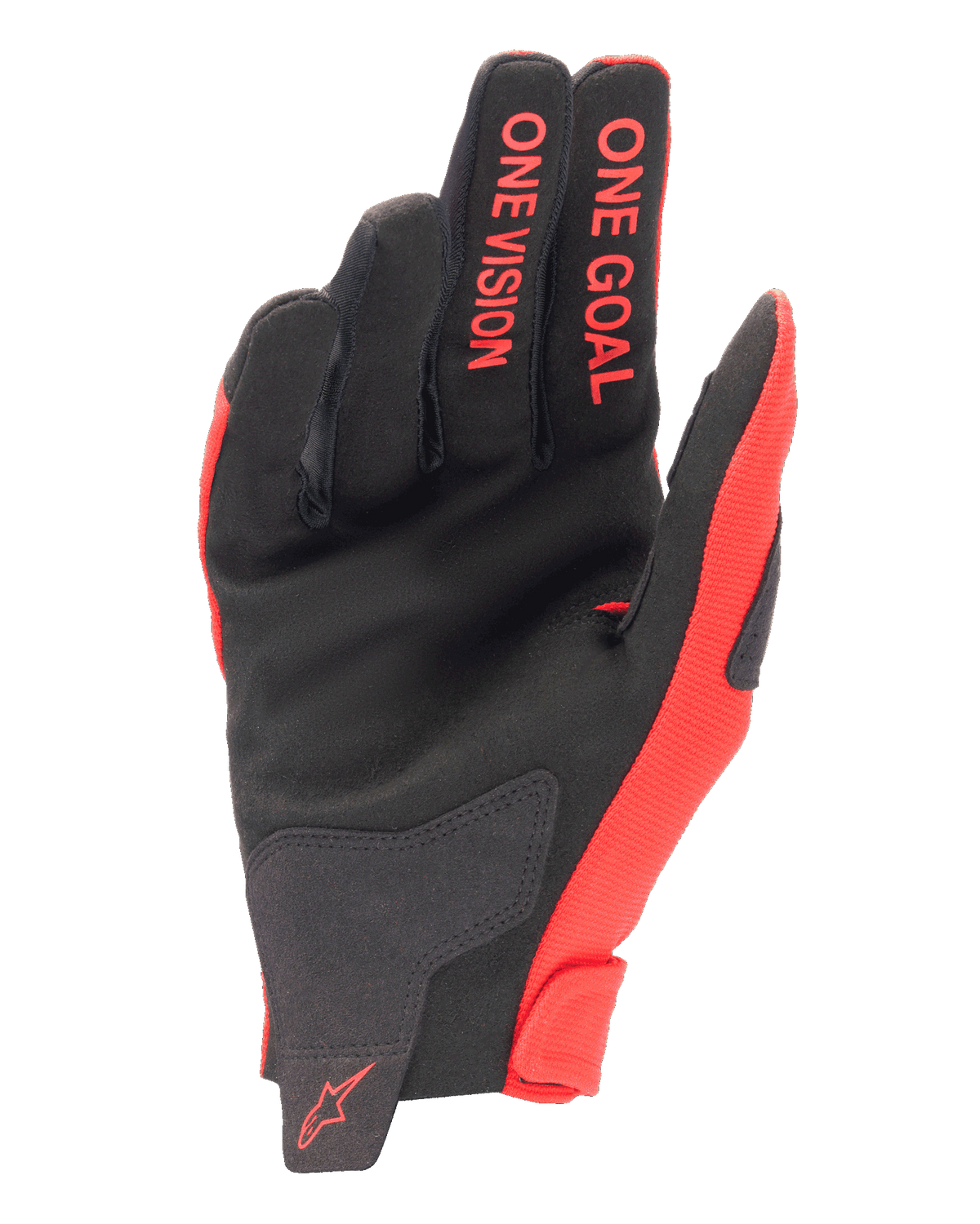Alpinestars 2025 Radar handskar, motocrosshandskar, Mars Red och svart, vy av handflatan som visar syntetisk mocka, röd 'ONE GOAL' och 'ONE VISION' text på fingrarna, röd logotyp på handleden, prestandainriktad off-road-utrustning