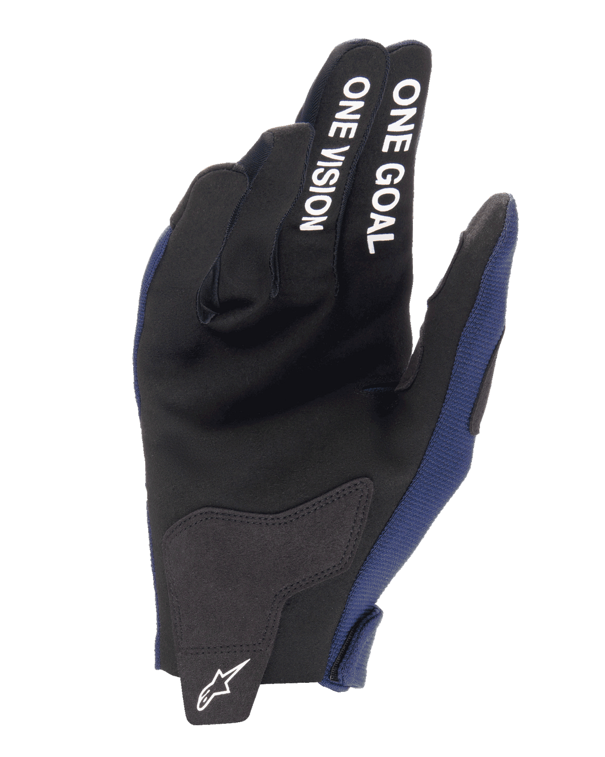 Alpinestars 2025 Radar handskar, motocrosshandskar, Night Navy och vita, vy av handflatan med förstärkningar i syntetmocka, vit text ”ONE GOAL ONE VISION” på fingrarna, vit Alpinestars-logotyp på stängningsfliken