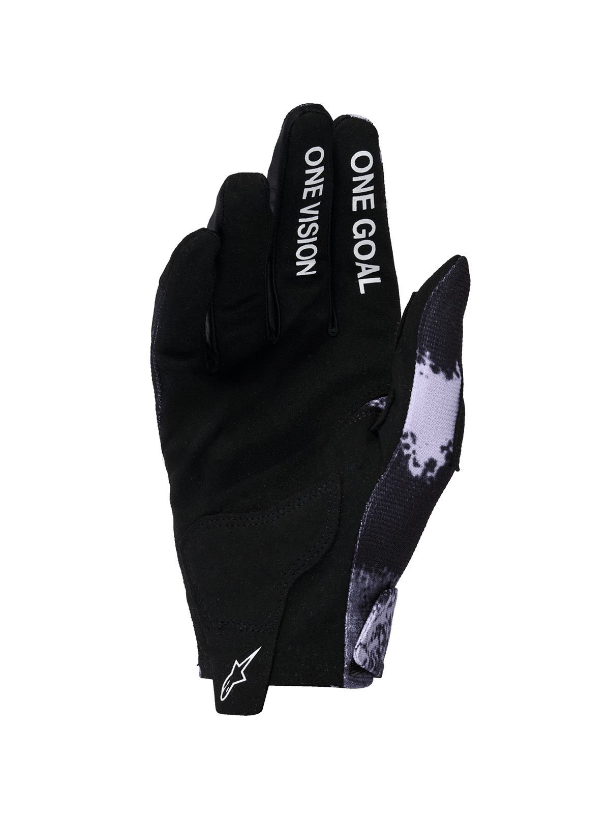 Alpinestars 2026 Radar-handskar, motocrosshandskar, Iron Camo och svarta, vy av handflatan i syntetmocka, texten 'ONE GOAL ONE VISION' på fingrarna, vit Astars-logotyp på dragfliken, smidig design för terrängkörning