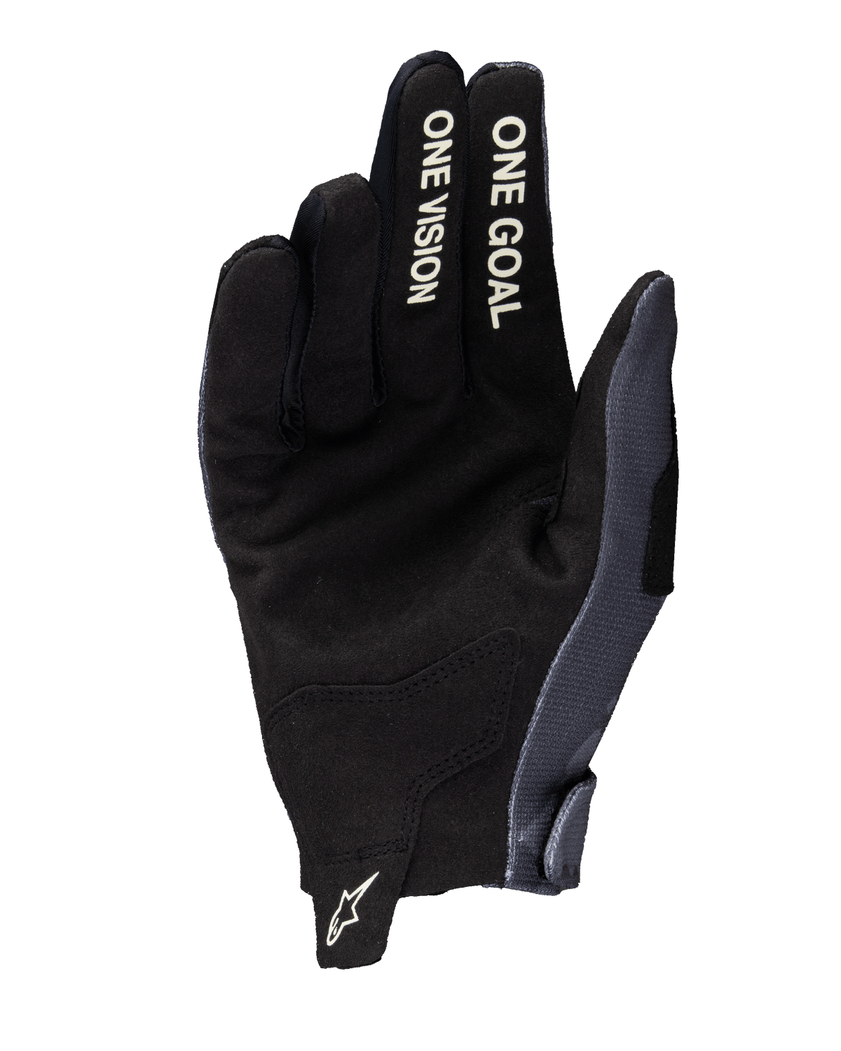 Alpinestars 2025 Radar Gloves, Motocross Gloves, Gray and Dark Camo, palm view featuring synthetic suede construction, white 'ONE VISION' and 'ONE GOAL' text on fingers, and a white Astars logo on the wrist pull tab