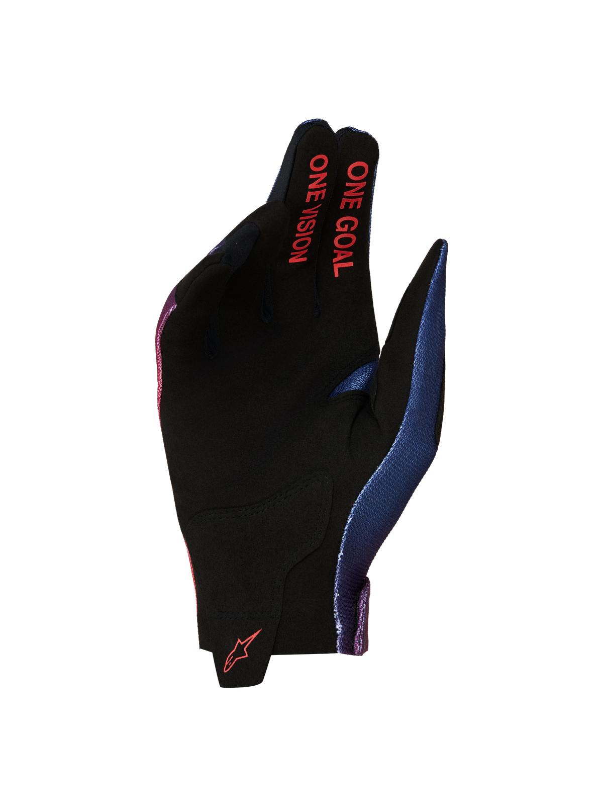 Alpinestars Radar handskar 2027, motocrosshandskar, svarta och röda, handflata i syntetisk mocka med One Goal One Vision-grafik.