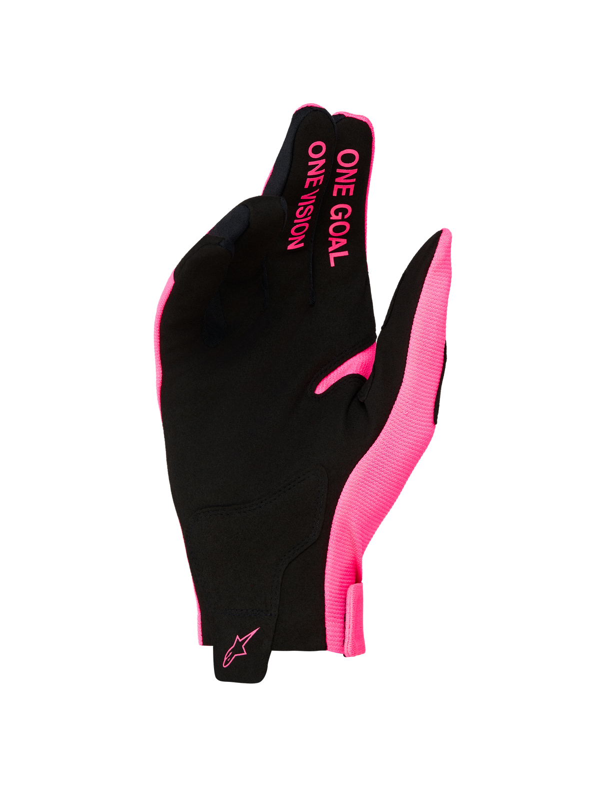 Alpinestars Radar 2027 handskar, rosa och svarta motocrosshandskar, handflata i syntetisk mocka, ONE GOAL ONE VISION-slogan.