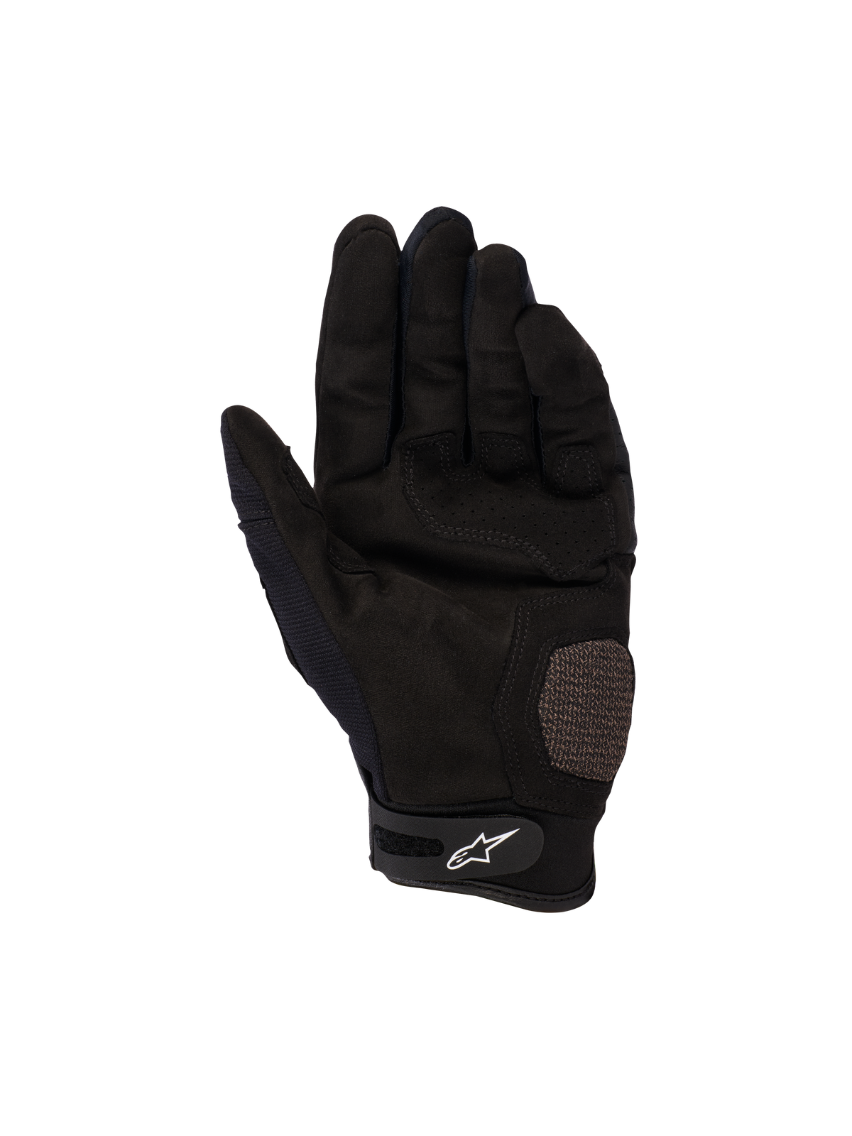 Alpinestars Megawatt V2 handskar, motocross- och endurohandskar, svarta, vy av handflatan som visar förstärkta sektioner på handflata och tumme, perforerad textur för ventilation, kardborreband vid handleden med vit Alpinestars-logotyp