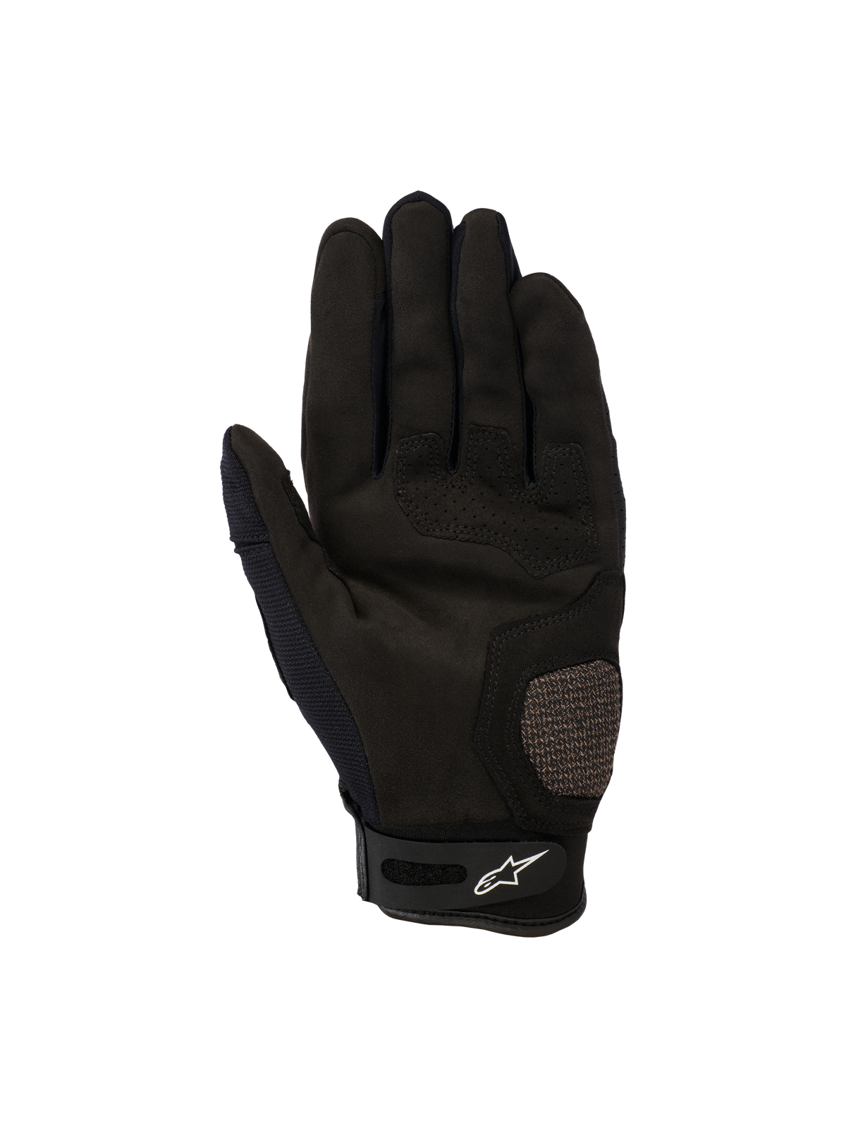 Alpinestars Megawatt V2-handskar, motocross- och endurohandskar, svarta, vy av handflatan med förstärkta tum- och handflatspartier, perforerade detaljer för luftflöde och kardborrestängning vid handleden med Alpinestars-logotypen.