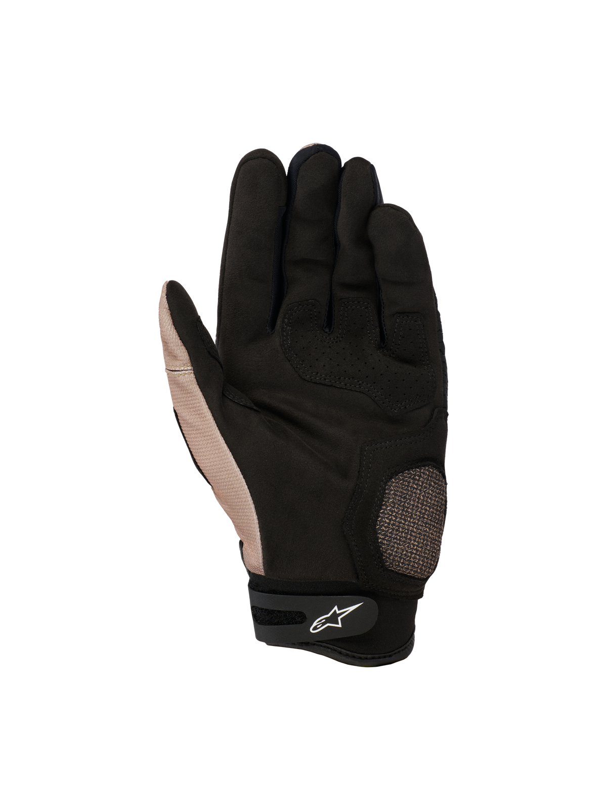 Alpinestars Megawatt V2 Gloves, Off-Road Motocross Gloves, Stone Black, palm view showcasing reinforced thumb and palm area, textured grip, and Velcro wrist adjustment with the white Alpinestars logo.
