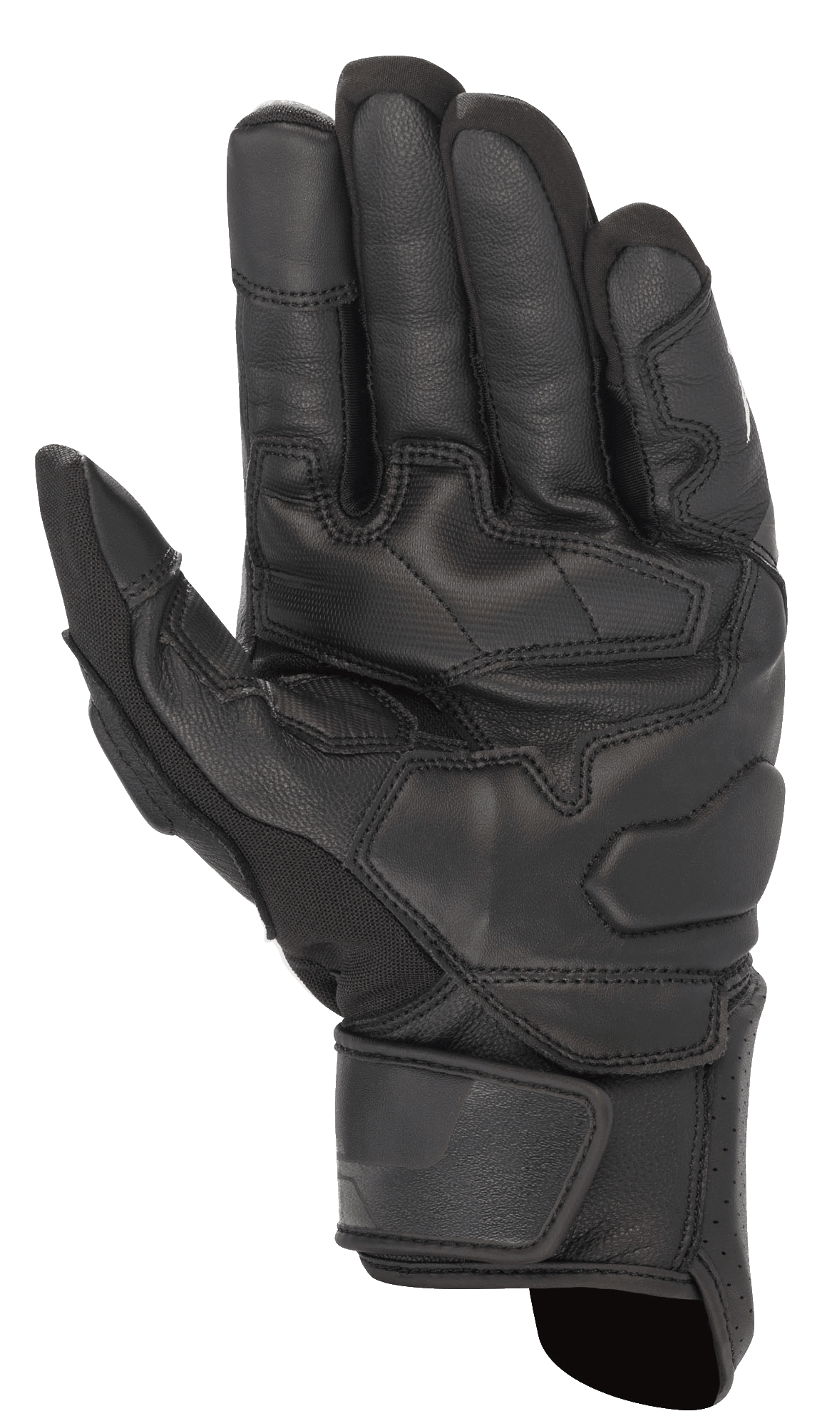 Alpinestars Booster V2-handskar, svarta, vy av handflatan på motorcykelhandsken som visar den slitstarka läderkonstruktionen, förstärkta greppaneler på handflatan och tummen samt en justerbar handledsrem.