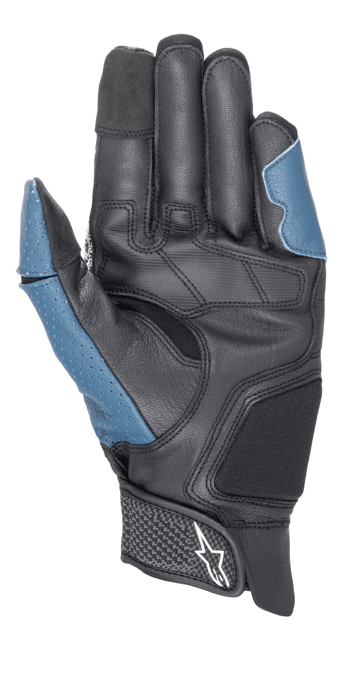 Alpinestars Morph Sport-handskar, vy från handflatan, svart och blå sodalit, med förstärkt läderhandflata, perforerade blå paneler på tummen och utsidan, kort mudd med kardborreband och Alpinestars-logotyp, prestandautrustning för sport- och landsvägskörning