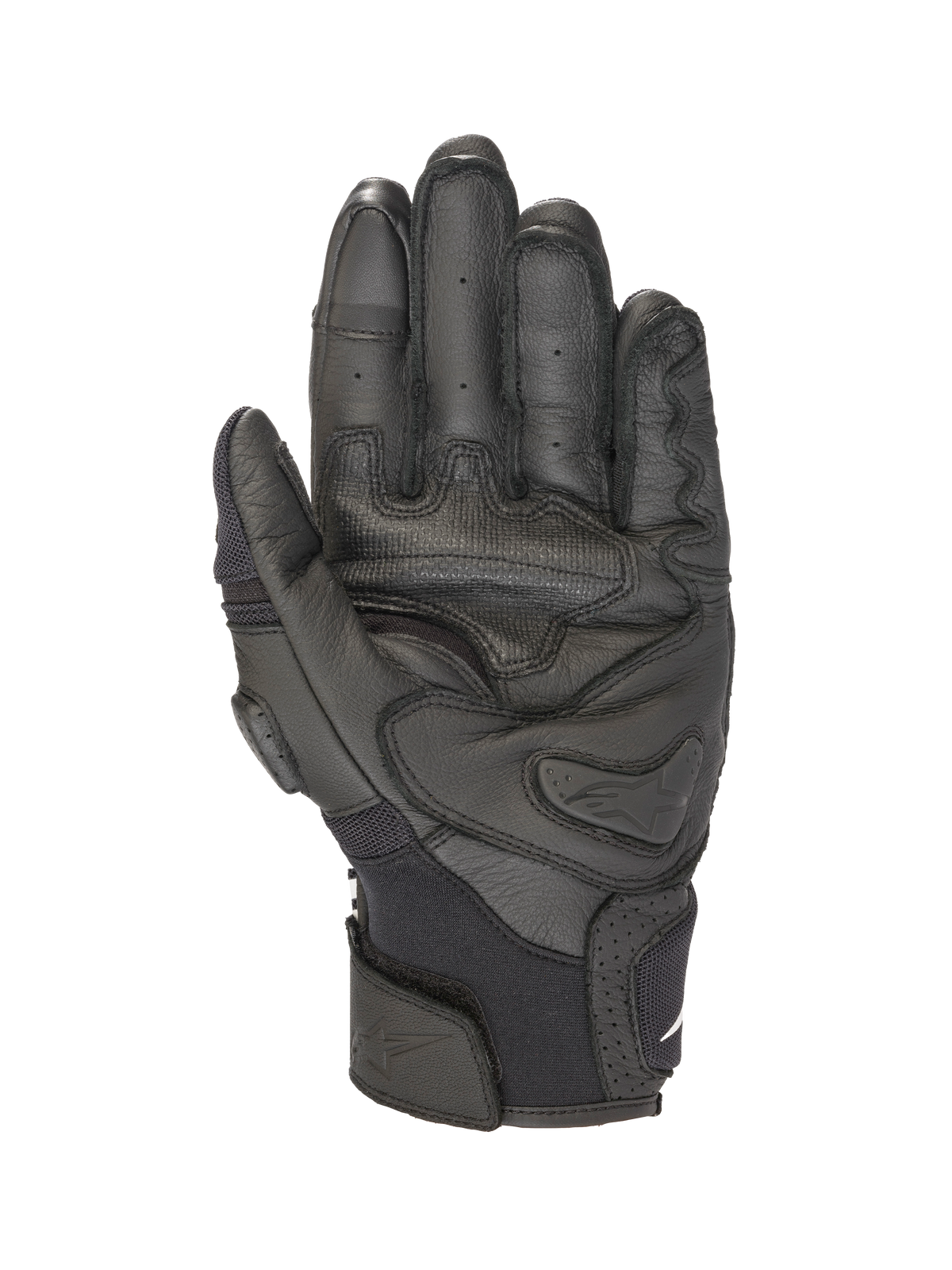 Alpinestars SPX AC V2 handskar, svarta motorcykelhandskar, CE-certifierade i läder och mesh, handflatsvy med förstärkt handflata