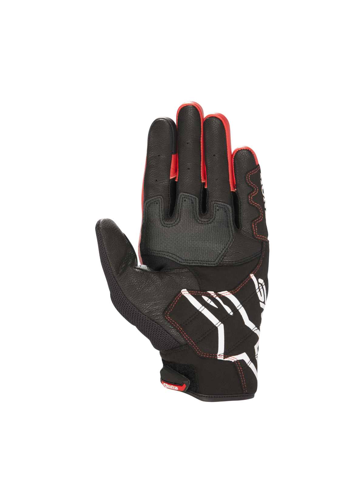Alpinestars Honda SMX-2 Air Carbon V2 handskar, vy av handflatan, svarta och röda motorcykelracinghandskar i läder och mesh med greppinsatser och vit logotyp.