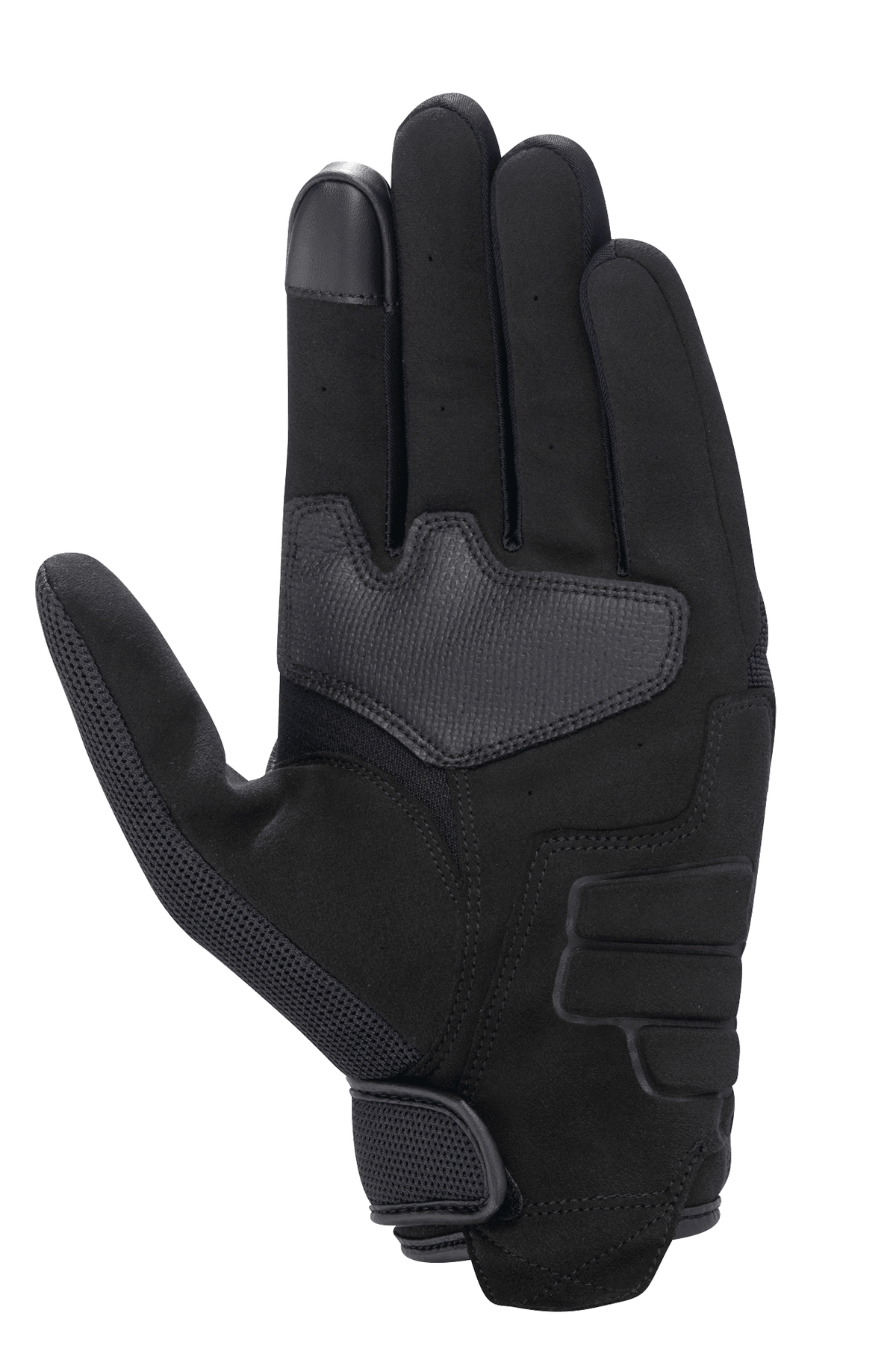 Alpinestars Honda Copper Glove, svart, handflatsvy av urban motorcykelhandske med konstruktion i syntetisk mocka, förstärkt handflata, pekskärmskompatibel fingertopp och kardborreknäppning vid handleden.