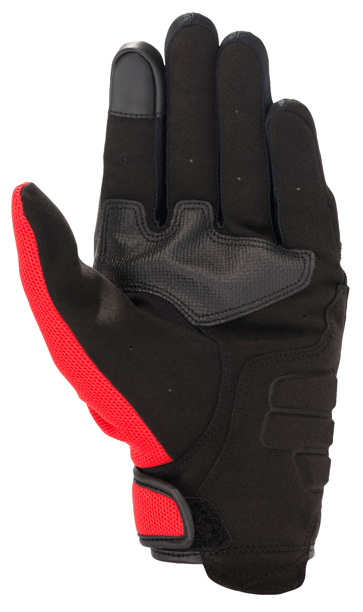 Alpinestars Honda Copper-handske, urban motorcykelhandske, svart med klarröda detaljer, vy av handflatan som visar syntetiskt mockamaterial, förstärkt handflata, pekskärmskompatibel fingertopp och kardborrestängning.