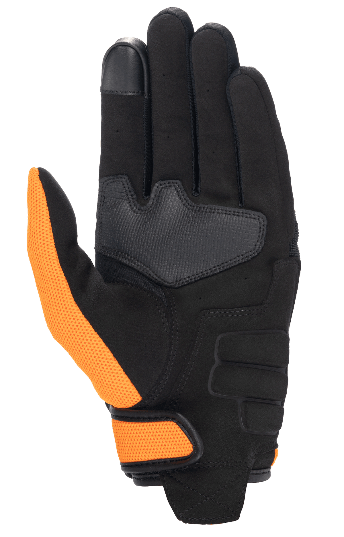 Honda Copper-handske, motorcykelhandske, svart och orange, handflatevy med en handflata i syntetmocka, orange mesh-tumme och handledsrem samt pekskärmskompatibel pekfingertopp.