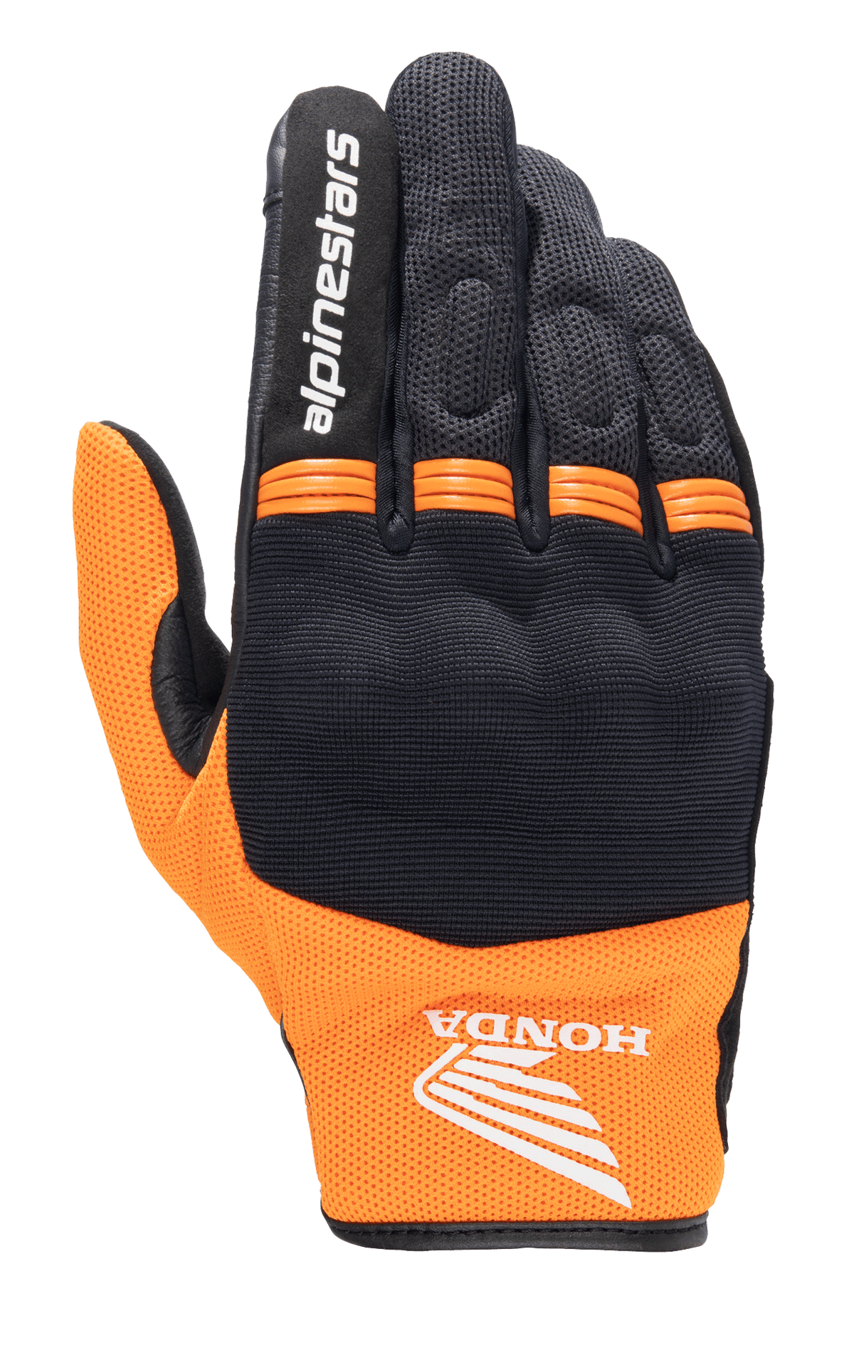 Alpinestars Honda Copper Glove, lätt urban motorcykelhandske, svart och orange, med Honda-vinglogotyp på handleden, Alpinestars-text på pekfingret, mesh-konstruktion och orangea dragspelspaneler på knogarna.