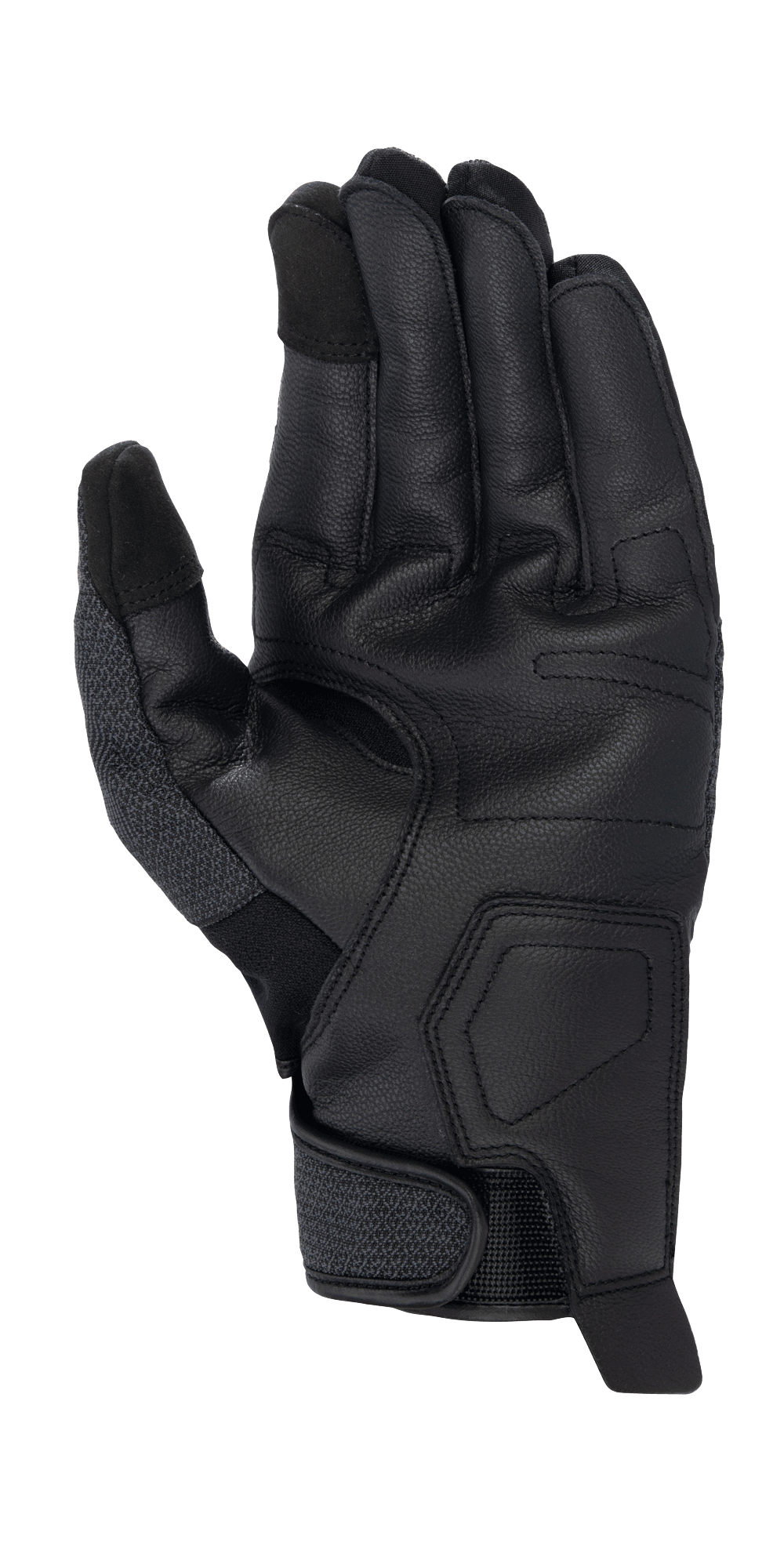 Alpinestars Morph Street-handskar, svarta, vy av handflatan på motorcykelhandske med kort mudd som visar den texturerade läderhandflatan, pekskärmskompatibla fingertoppar och justerbar handledsstängning, urban körutrustning