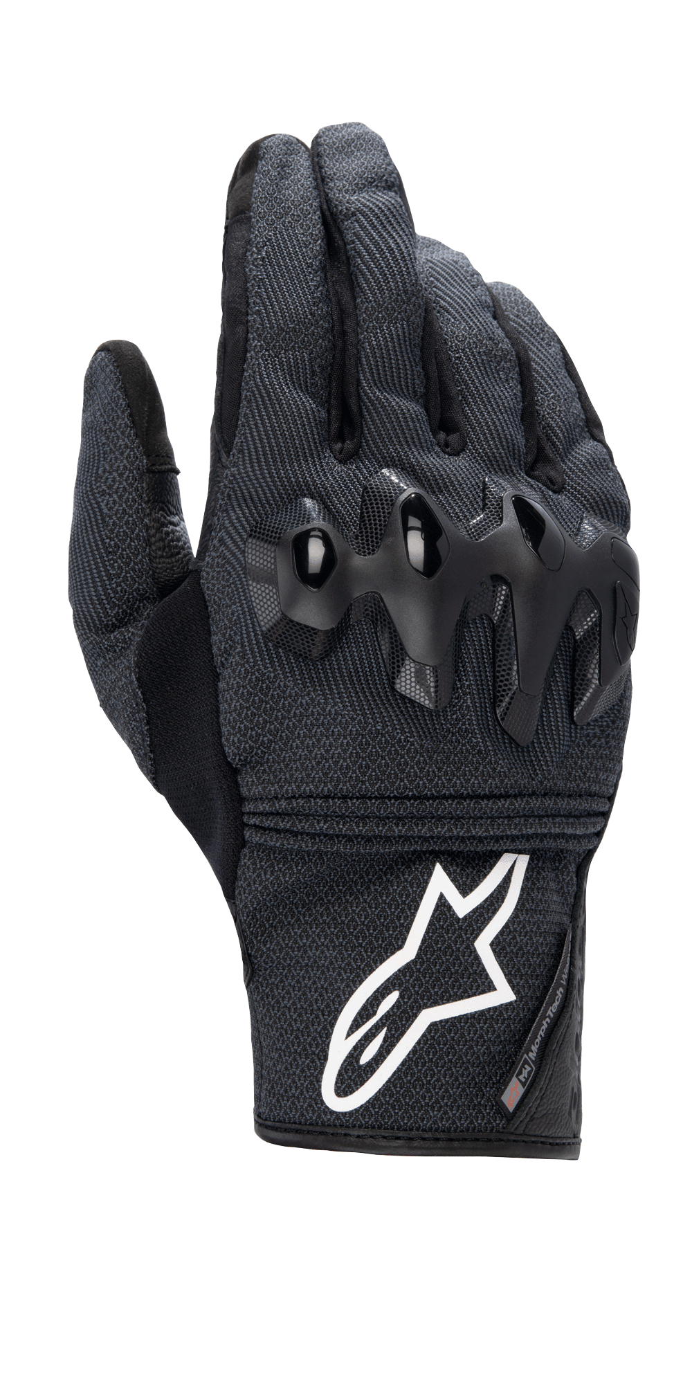 Alpinestars Morph Street-handskar, svarta motorcykelhandskar med kort mudd, texturerat MorphTech Weave-tyg med glänsande svart knogskydd, framträdande vit logotyp på mudden, urban körutrustning