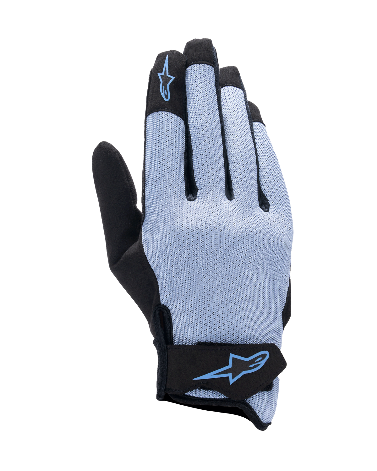Alpinestars Stated Air Gloves, Motorcycle Riding Gloves, Stonewash Blue and Black, stretch airprene backhand with perforated texture, blue star logo on index finger and wrist closure, lightweight and breathable design for summer riding