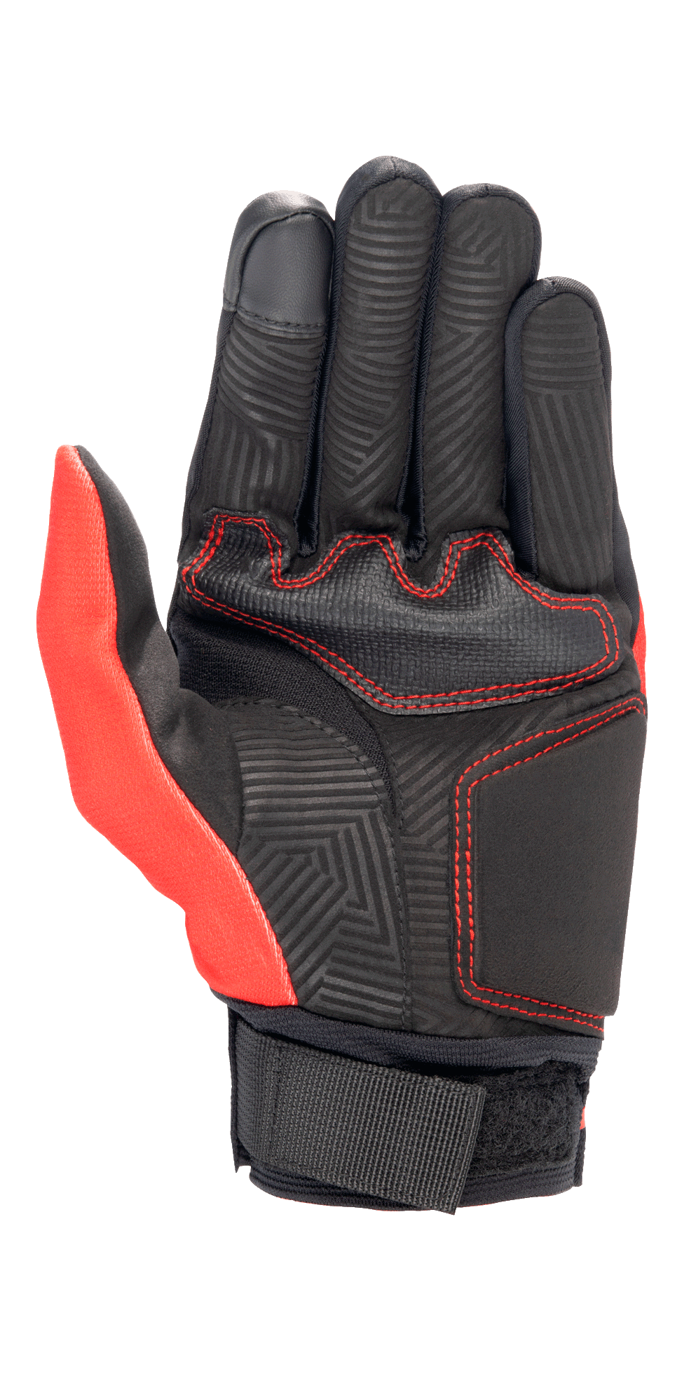 Alpinestars Aragon-handske i klar röd och svart, vy av handflatan som visar konstruktion i syntetmocka, röda kontrastsömmar, labyrintmönstrad värmeprägling på fingrar och handflata samt handledsrem i svart vävband.