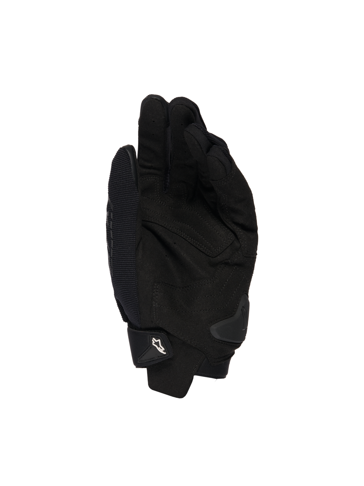 Alpinestars SP X 1-handskar, svarta, vy av handflatan som visar syntetläderkonstruktion för grepp, TPR-glidskydd för stötskydd och justerbar manschett med vit Alpinestars-logotyp, sportutrustning för motorcykel