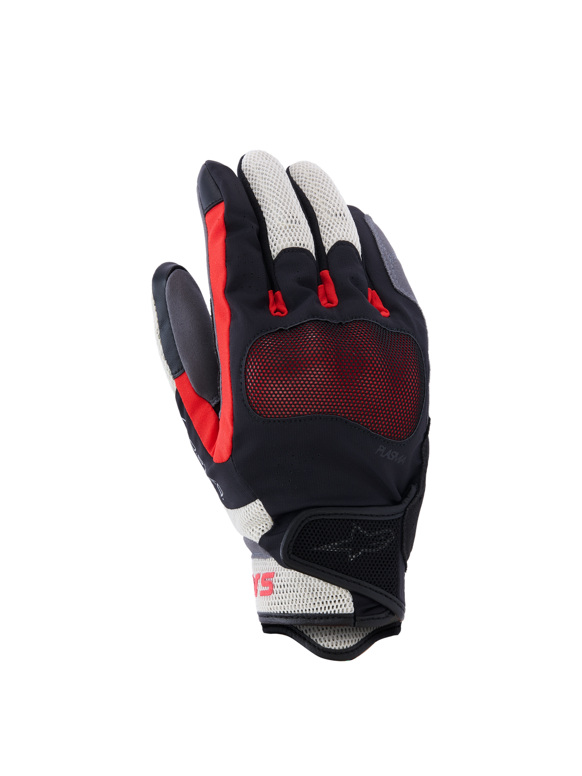 Alpinestars Mogress Airflow Gloves, Motorcycle Gloves, Black Flame Red and Ecru, featuring laser-perforated backhand with 3D mesh inserts, transparent knuckle protection, short cuff design, urban summer riding gear