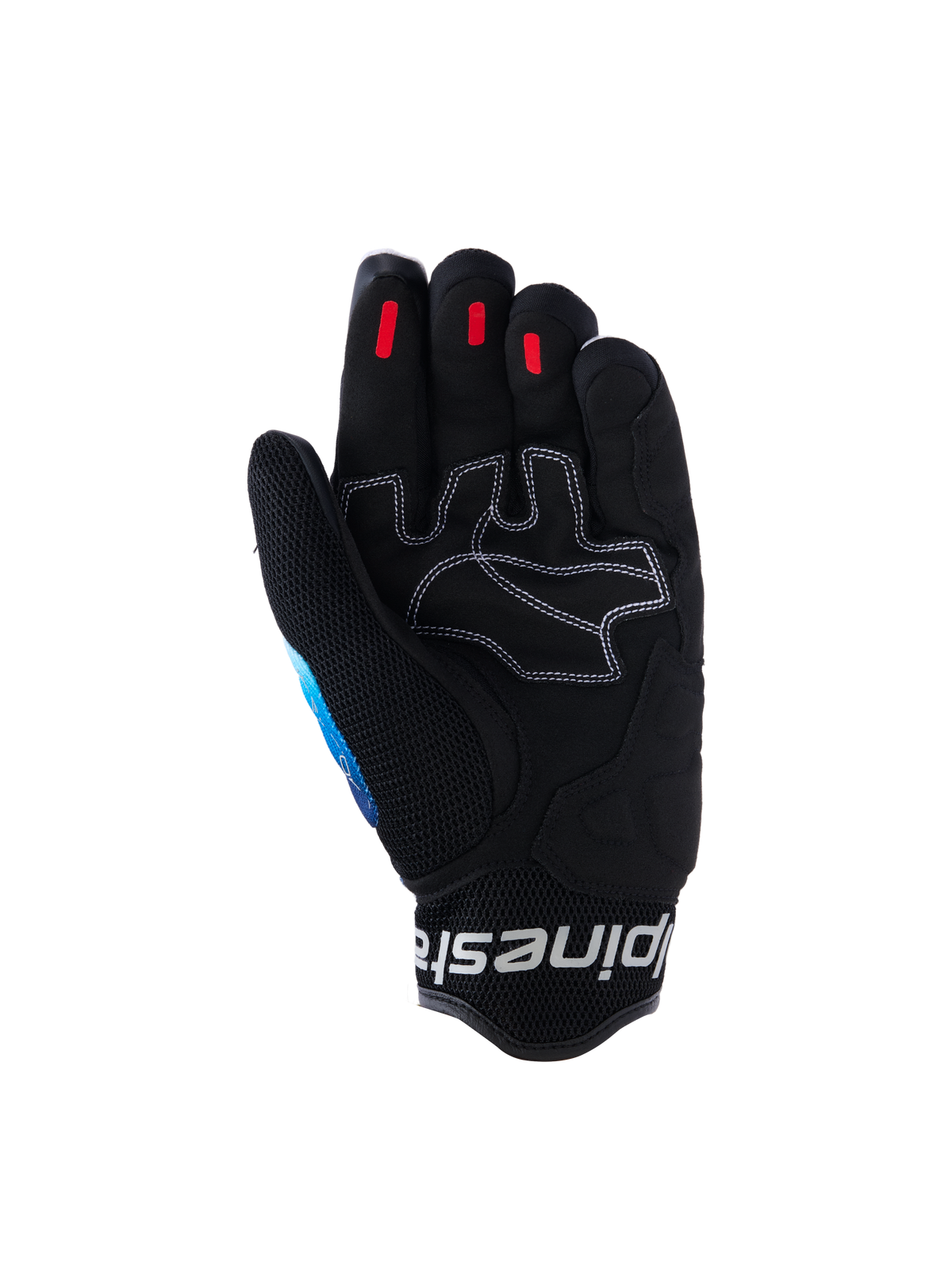 Alpinestars Mogress Airflow Gloves, urbana motorcykelhandskar, Fading Blue Black, vy av handflatan med förstärkt syntetläder och vita kontrastsömmar, röda silikongreppinsatser på fingertopparna och svart manschett i 3D-mesh med vit logotyp.