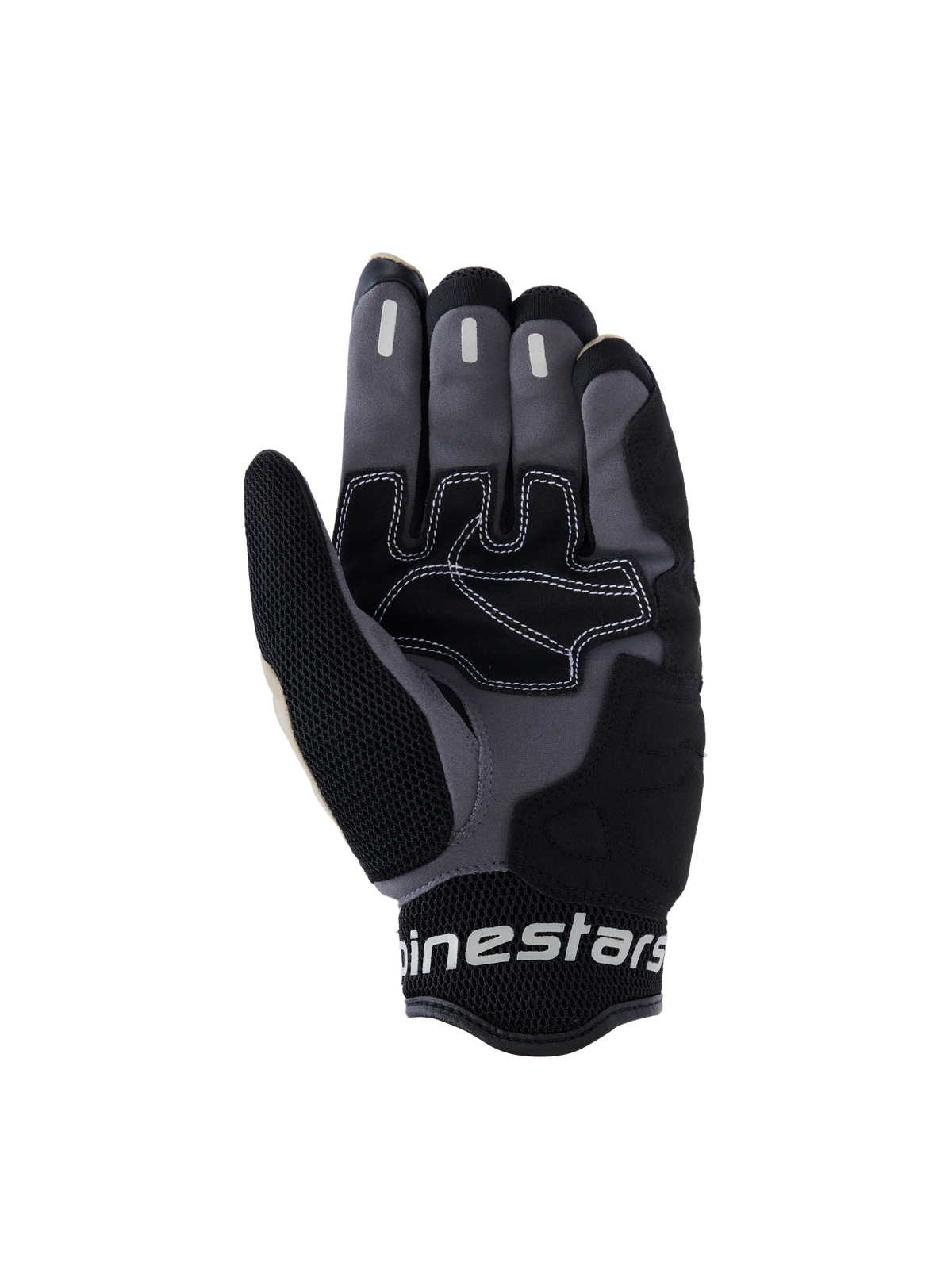 Alpinestars Mogress Airflow-handskar, urbana motorcykelhandskar, Aluminum Black och grå, vy av handflatan med syntetiska förstärkningar och vita kontrastsömmar, silikongreppszoner på fingrarna och ventilerande 3D-mesh-manschett med vit Alpinestars-branding.