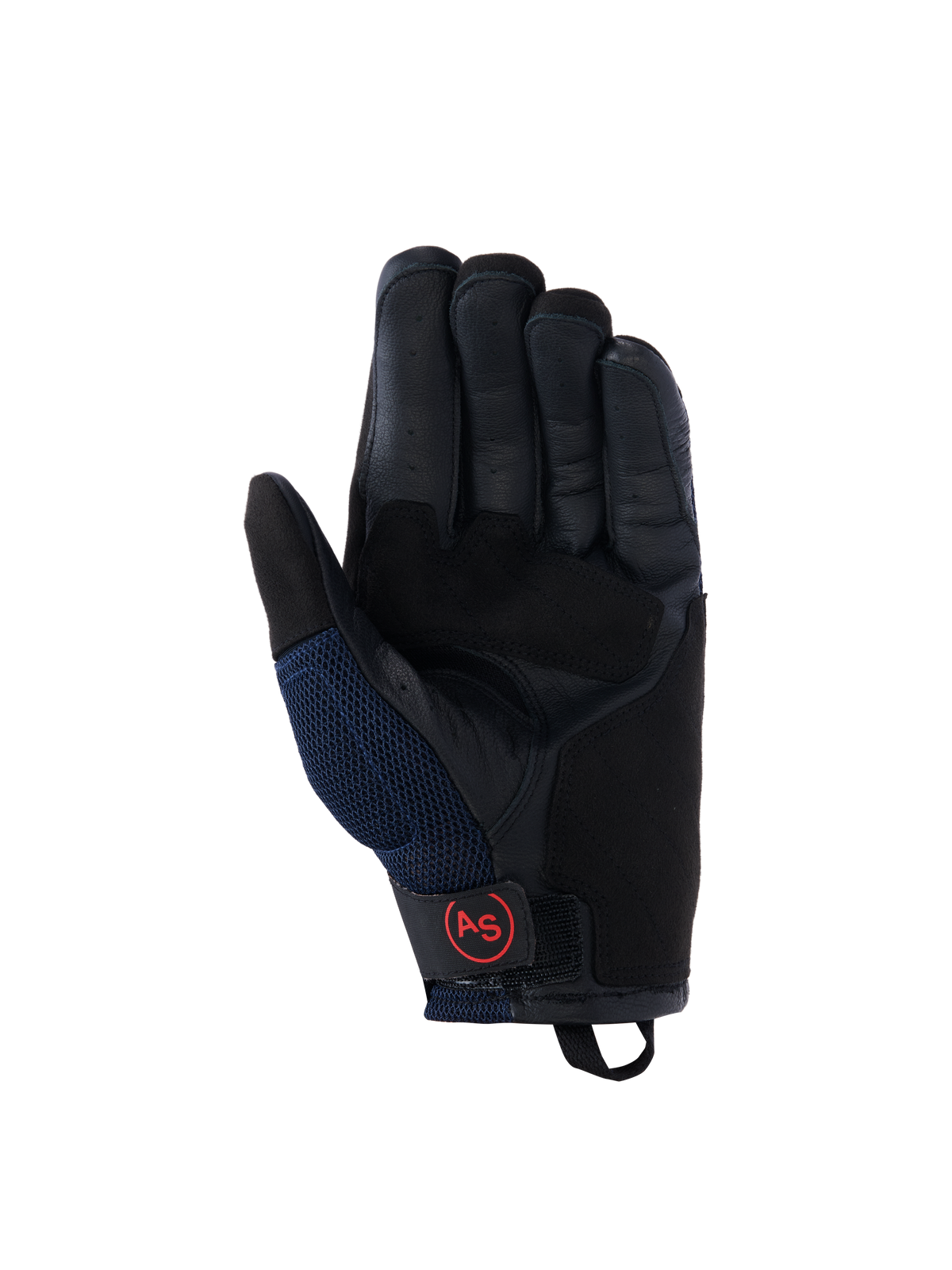 Alpinestars Manti Air-handskar, motorcykelhandskar, mörkblå och svarta, vy av läderhandflata med perforerade fingrar, sidopaneler i mesh och röd cirkulär AS-logotyp på handledsremmen, äventyrsutrustning
