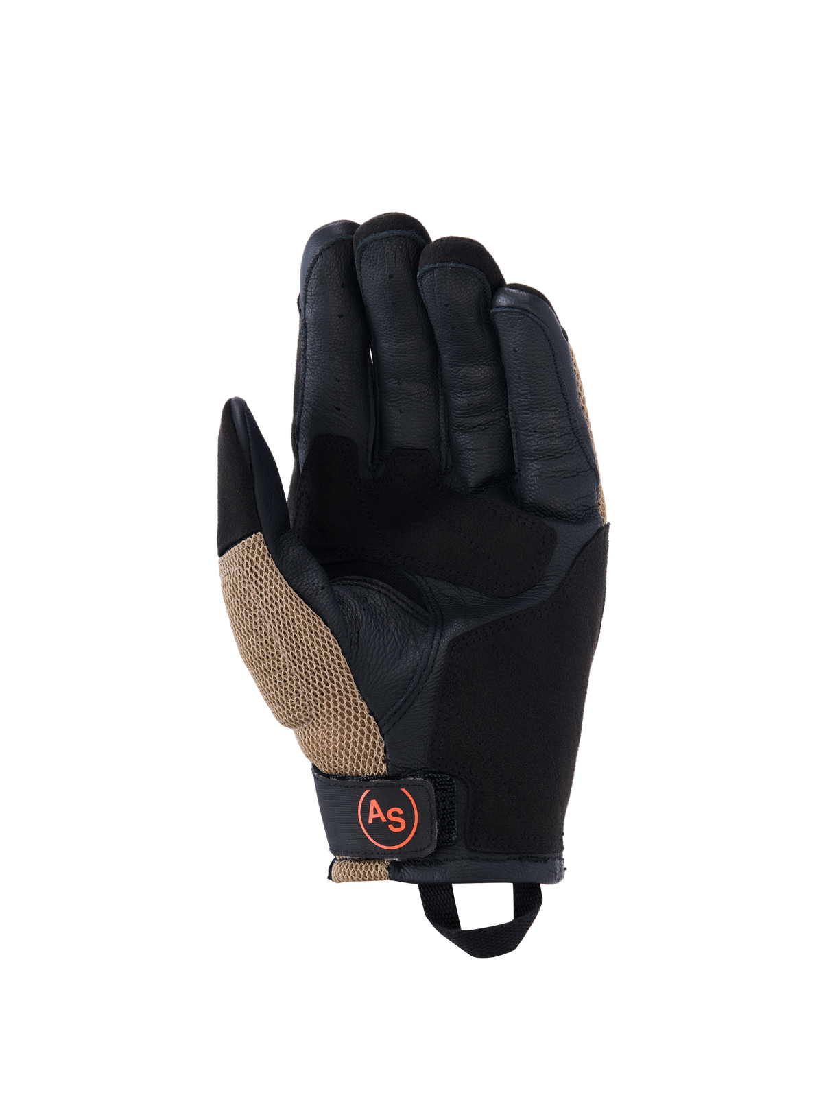 Alpinestars Manti Air Gloves, Motorcycle Gloves, Dark Khaki and Black with Orange Fluo accents, palm view featuring synthetic suede construction, external seams, breathable mesh inserts, and a black wrist strap with a circular orange AS logo.