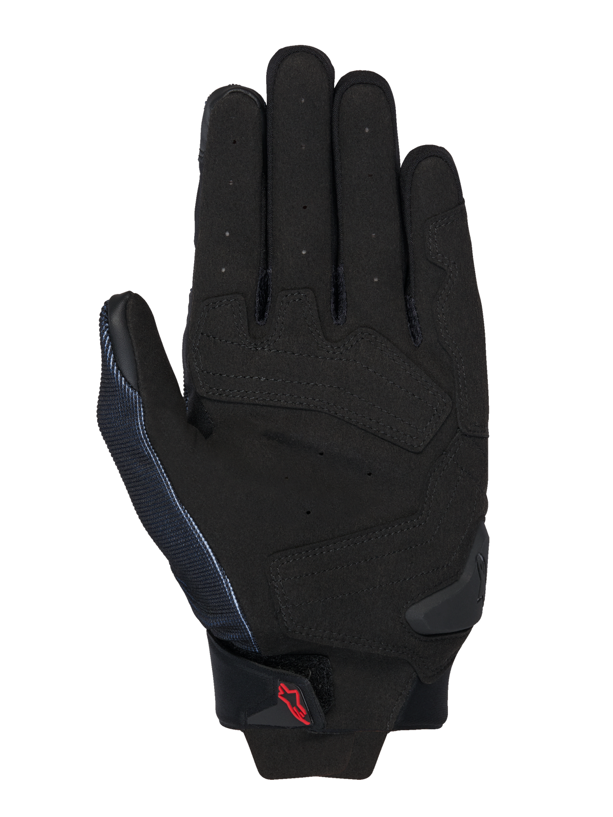 Alpinestars MM93 Spx 1 Gloves, Black, palm view showing synthetic leather construction with reinforced strike zones, perforated fingers for ventilation, TPR palm slider, and a small red Alpinestars logo on the wrist strap.