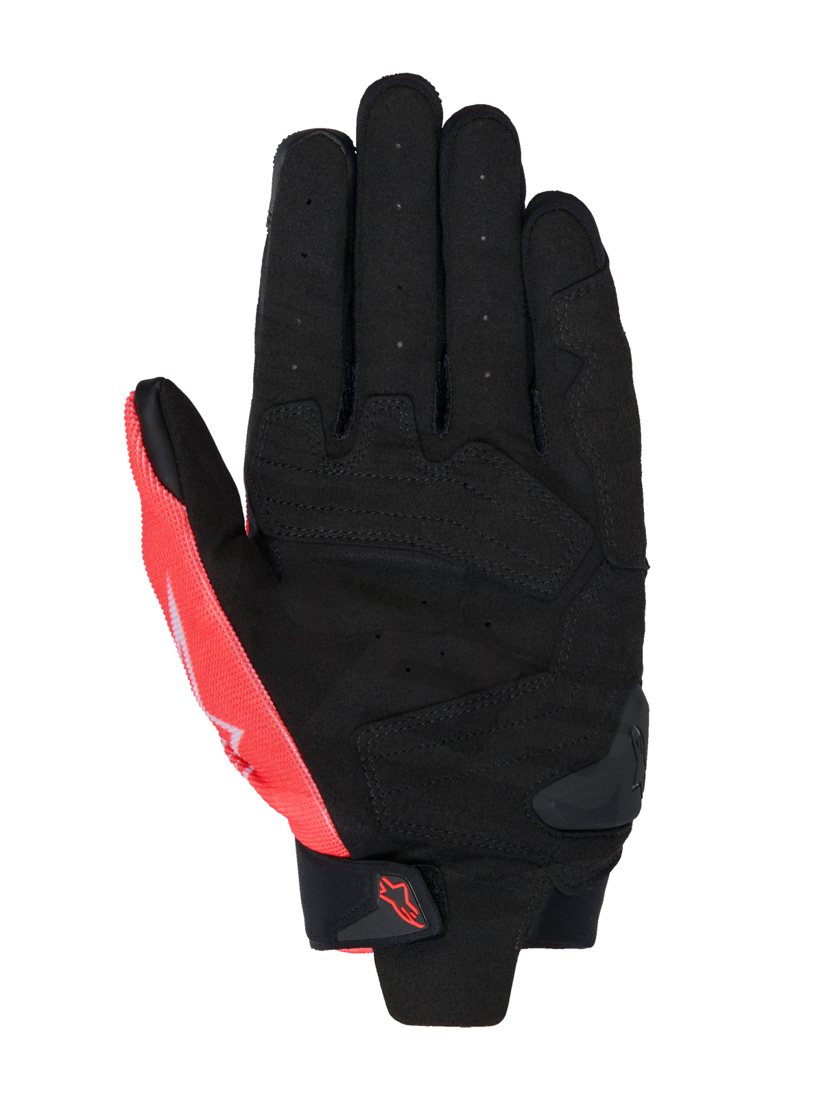 Alpinestars MM93 SP X 1-handskar, vy av handflatan, svart och fluorescerande röd, konstruktion i syntetläder med perforerad handflata, förstärkta sektioner, TPR-glidare på handflatan och kardborreband vid handleden med Alpinestars-logotyp.