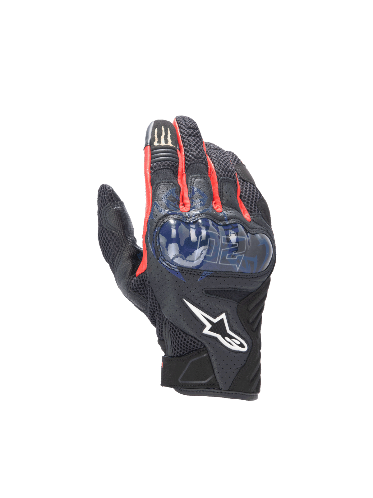 Alpinestars FQ20 SMX-1 Air V2 Monster Gloves, black and blue motorcycle gloves with mesh and hard knuckle protection.