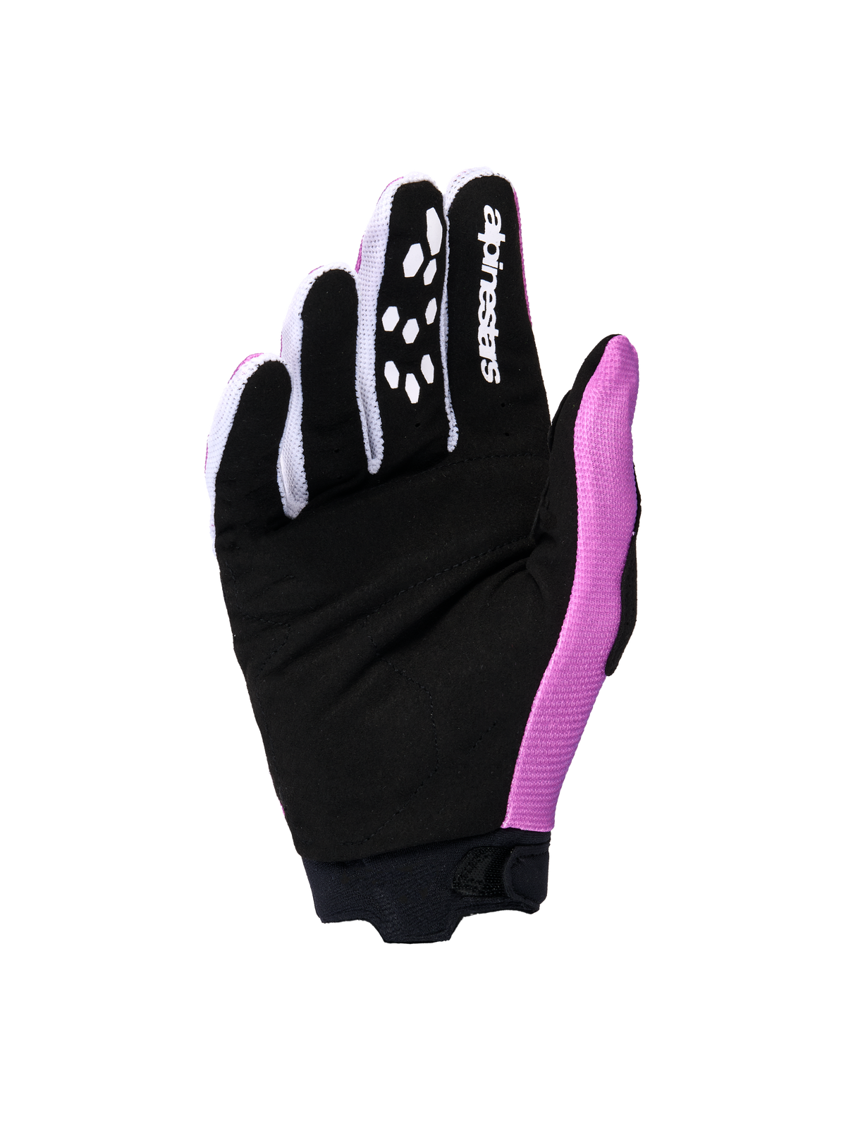 Alpinestars 2026 Stella Full Bore V2-handskar för dam, vy av handflatan i färgkombinationen lila, vit och svart, med förstärkt handflata i svart syntetmocka, vit Alpinestars-logotyp på pekfingret och silikongreppmönster, designade för motocrossprestanda.