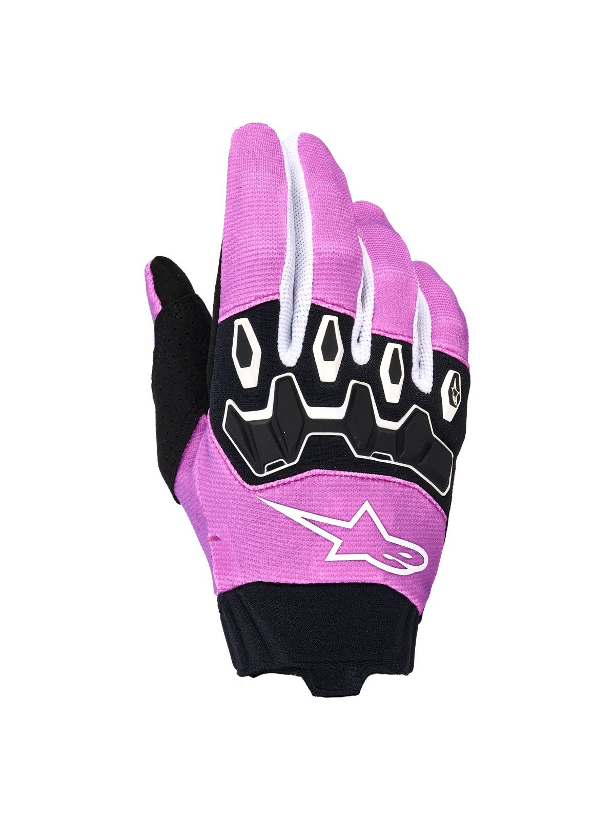 Alpinestars Stella Full Bore V2 handskar, damhandskar för motocross, violetta, vita och svarta, med ergonomiskt TPR-knogskydd, vit Alpinestars stjärnlogotyp på violett stretchmaterial, svart neoprenmanschett, racingutrustning för off-road motorcykel