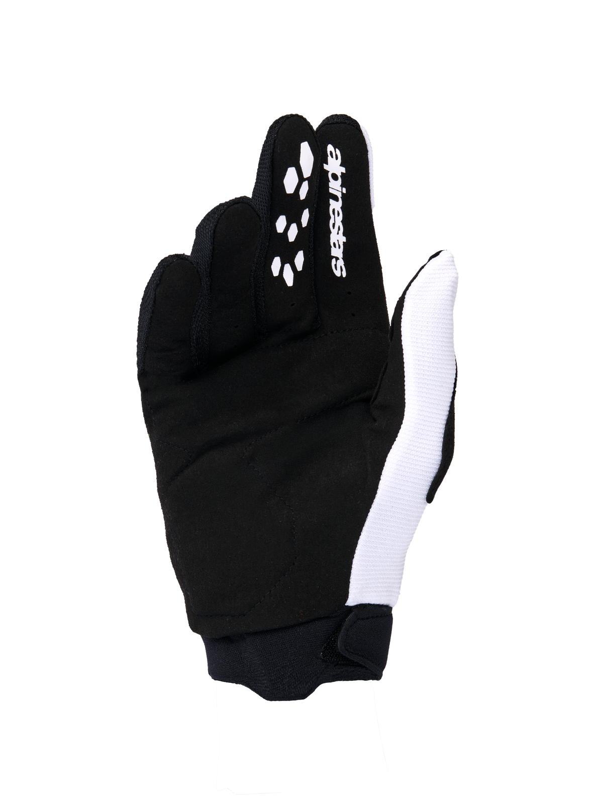 Alpinestars 2026 Stella Full Bore V2-handskar för dam, motocrosshandskar, vy av handflata i vitt och svart, konstruktion i syntetisk mocka, silikongrepp på fingrarna för kontroll av reglage, vit logotyp och en säker neoprenmudd.