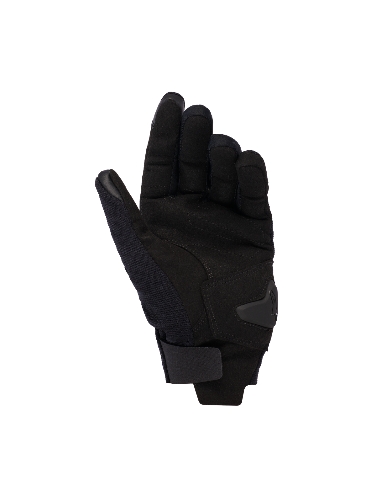 Alpinestars Reef Dam V2-handskar, svarta, vy av handflatan som visar syntetmocka, vadderad förstärkning och kardborreband vid handleden, urban motorcykelhandske med kort manschett