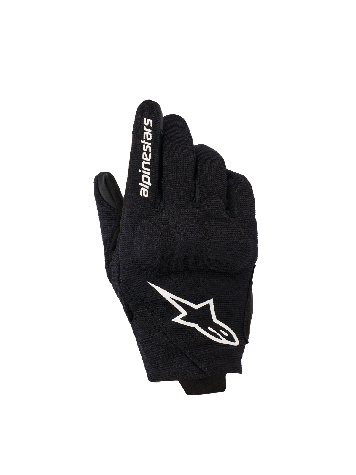 Alpinestars Reef V2-handskar för damer, svarta och vita motorcykelhandskar med kort manschett, ovansida i textil med 3D TPU-knogskydd, vit stjärnlogotyp och Alpinestars-text på pekfingret