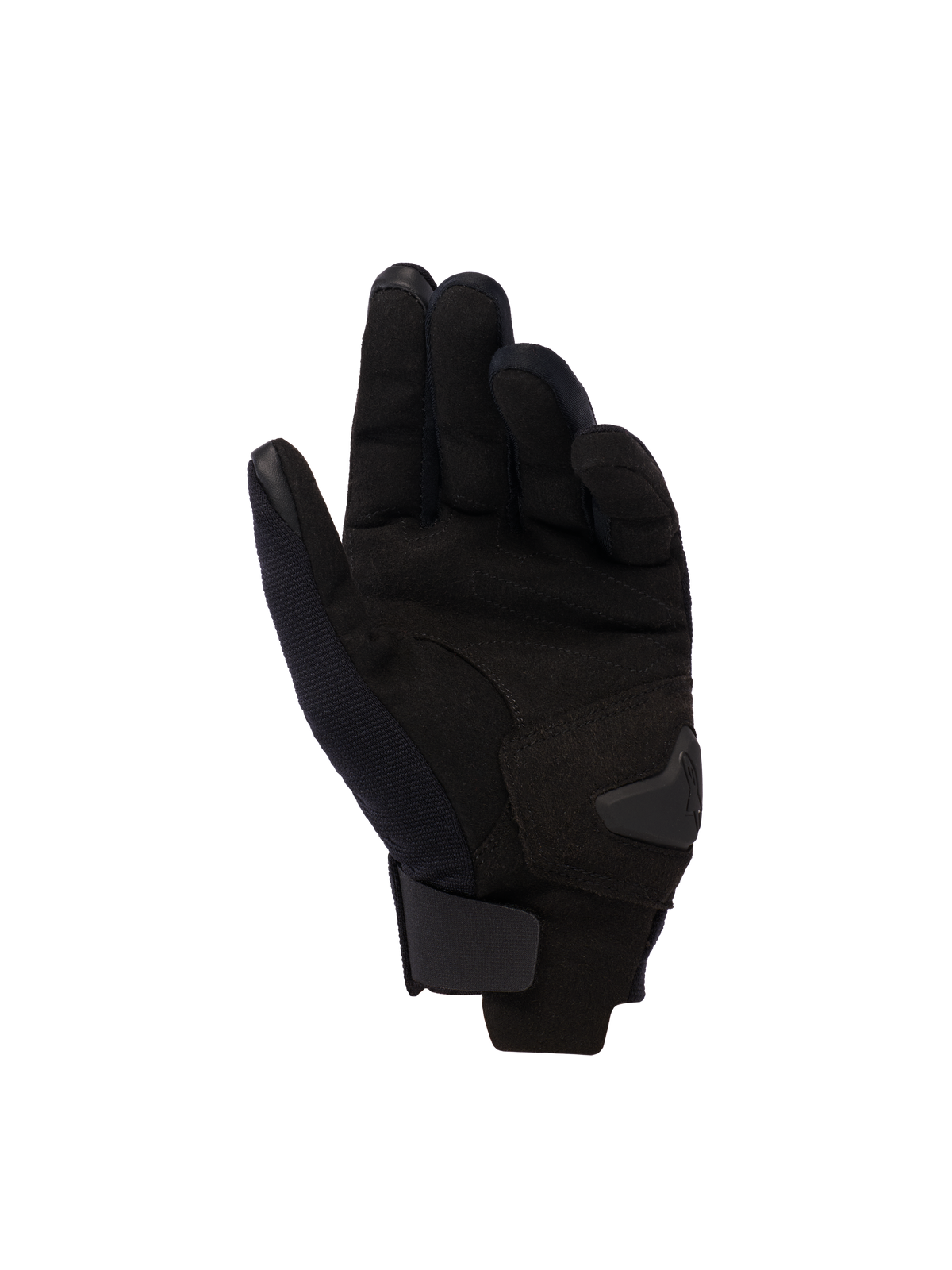 Alpinestars Reef Dam V2-handskar, vy av handflatan, Black Hawaiian Ocean, korta motorcykelhandskar för damer med handflata i syntetmocka, pekskärmskompatibla fingertoppar och justerbar kardborrestängning vid handleden.