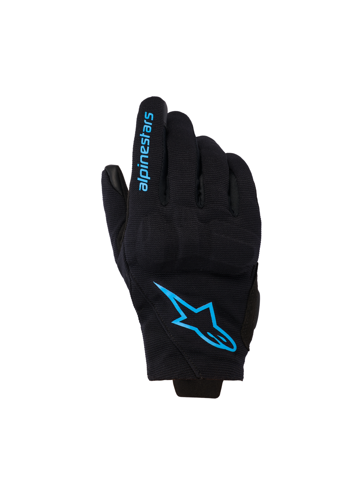 Alpinestars Reef Women's V2 handskar, korta motorcykelhandskar för dam, svarta med klarblå Hawaiian Ocean-detaljer, Alpinestars-logotyp på handryggen och text på fingret, urban körstil