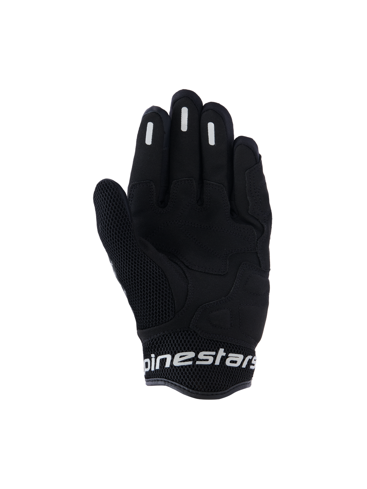 Alpinestars Stella Mogress Airflow-handskar, urban motorcykelhandskar för dam, svart, handflatasvy med syntetisk handflateförstärkning, ventilerande 3D-mesh på tumme och manschett, och vit Alpinestars-logotyp på den korta manschetten.
