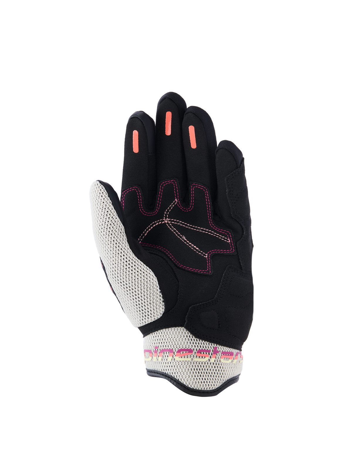 Alpinestars Stella Mogress Airflow handskar för dam, motorcykelhandskar, Black Ecru Fading Coral, vy av handflatan som visar vitt 3D-mesh på tummen och manschetten, korallfärgade silikongreppremsor på fingrarna och rosa sömaccenter