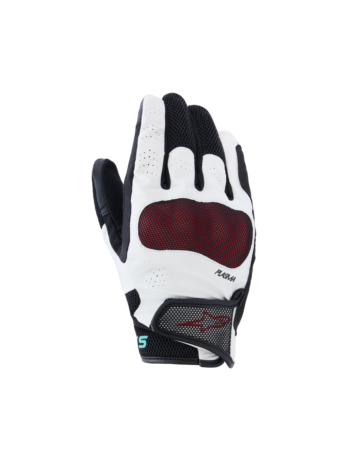 Alpinestars Stella Mogress Airflow handskar, motorcykelhandskar för dam, svarta och vita med rött knogskydd, ventilerande 3D-mesh och perforerad konstruktion, PLASMA-teknologi, urban kördesign med kort manschett