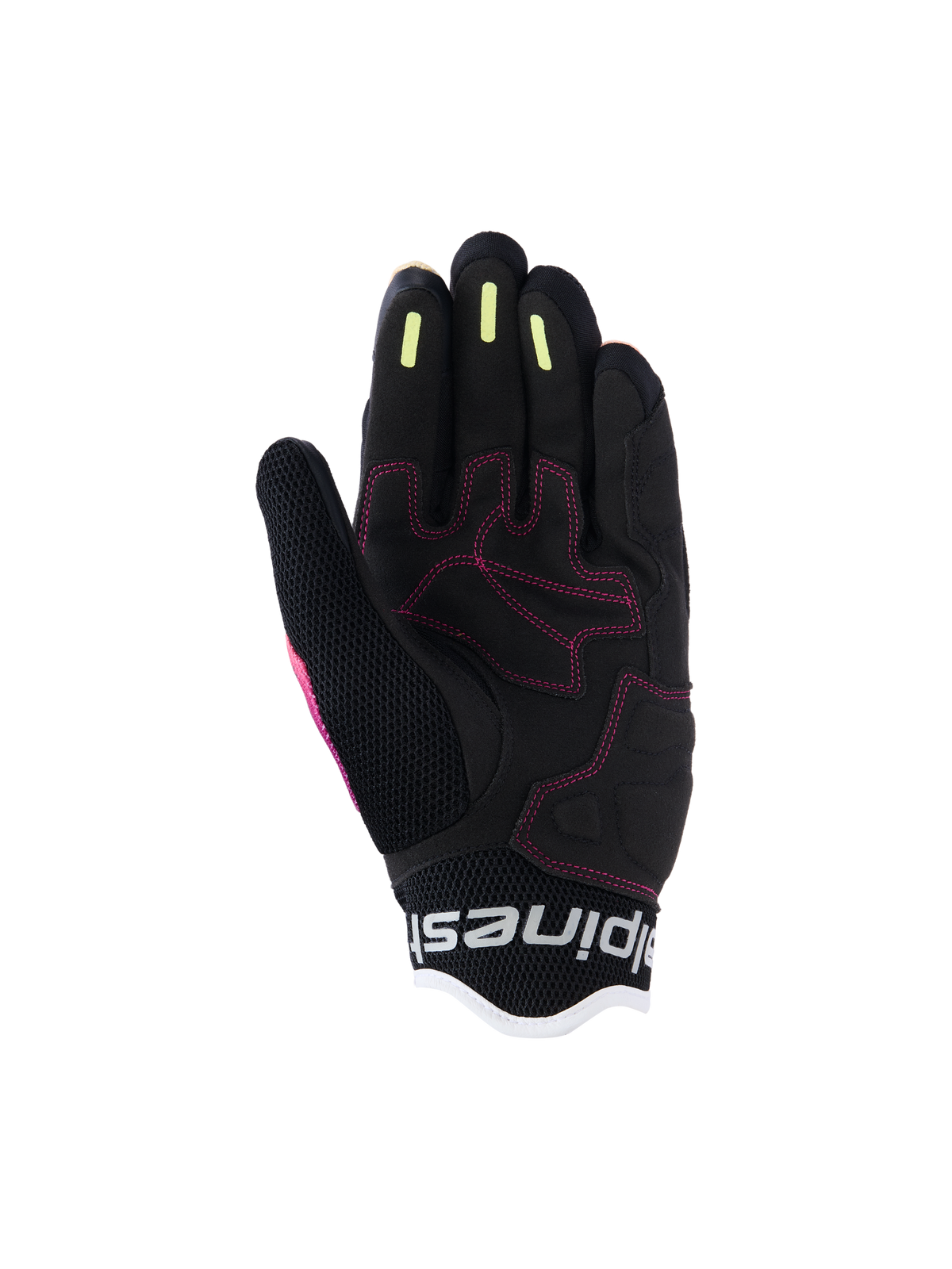 Alpinestars Stella Mogress Airflow-handskar för dam, urbana motorcykelhandskar, Fading Coral Black, detaljerad vy av handflatan med rosa sömmar, gula silikongreppsränder på fingrarna och ventilerande meshkonstruktion