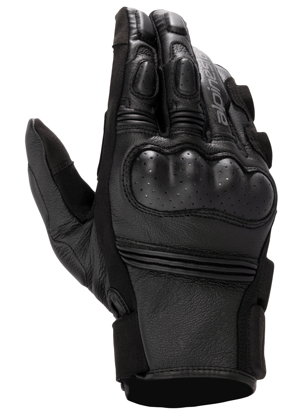 Alpinestars Stella Phenom Leather Air Glove, Women's Motorcycle Gloves, Black, backhand view highlighting hard perforated knuckle protection, padded finger joints, and premium leather texture.